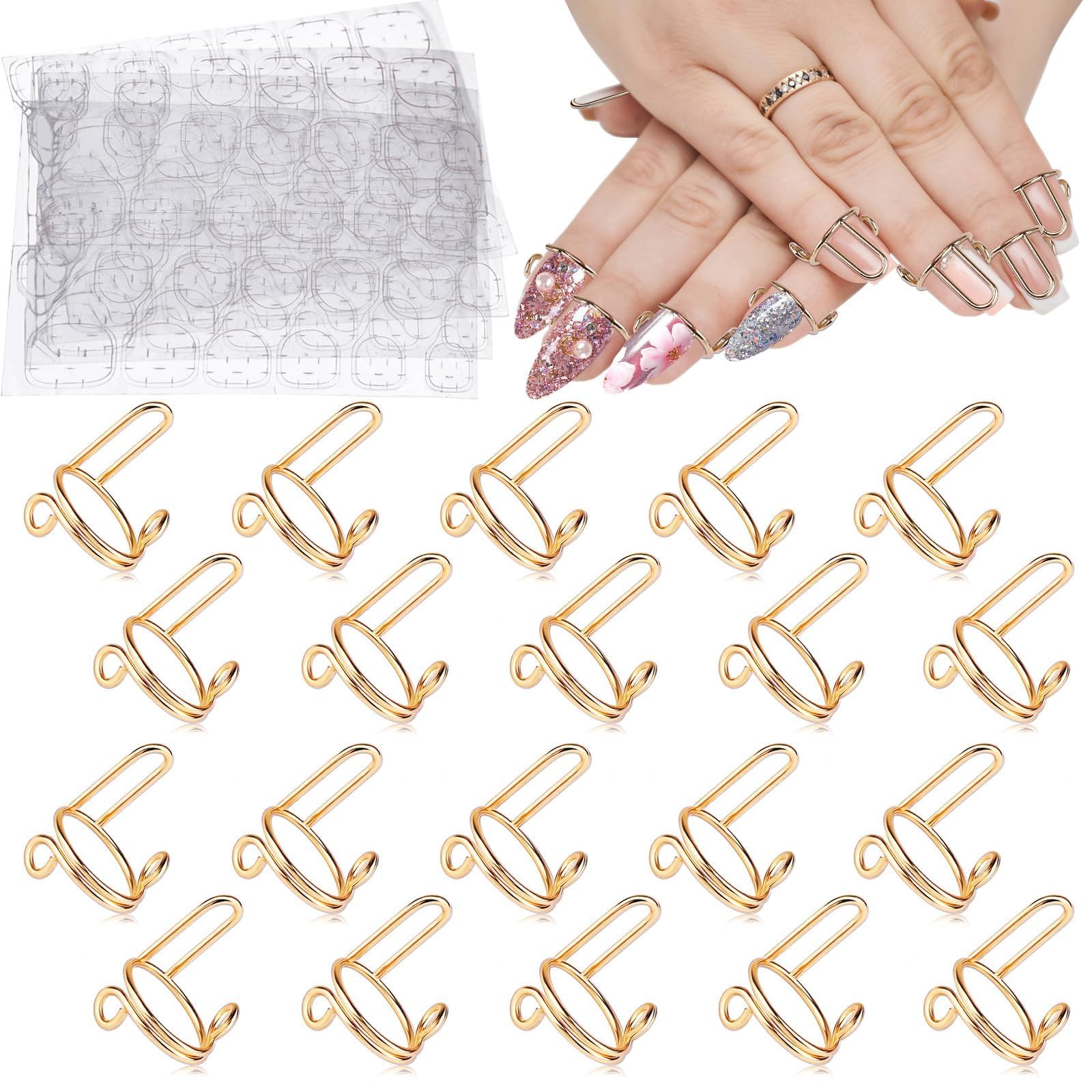 20PCS Adjustable Reusable Nail Rings for Women - Gold Detachable Nail Art Decorations with Adhesive Tabs | Perfect for Acrylic Nails, Manicures, Parties & DIY Nail Art Designs