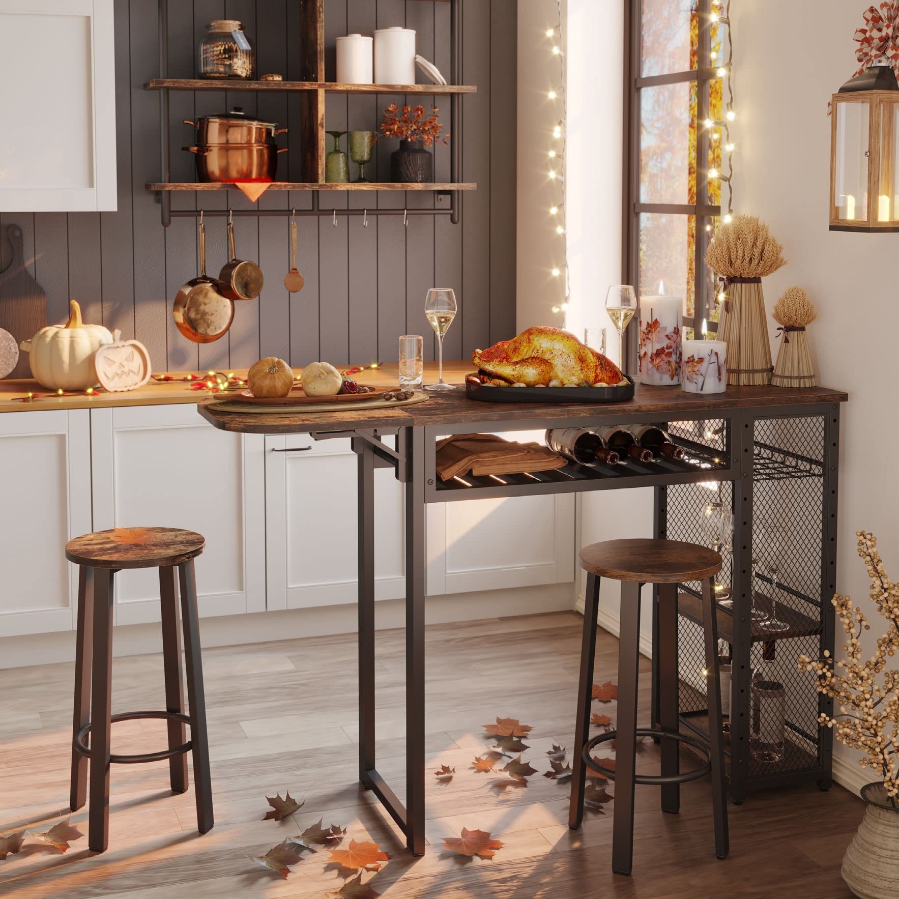 Bestier Expandable Bar Table and Chair Set with 2 Bar Stools, Industrial Kitchen Counter with Wine Rack & 3-Tier Adjustable Storage Shelves - Rustic Brown - Perfect for Small Spaces, Dining Rooms, Kitchen Islands, and Home Bars