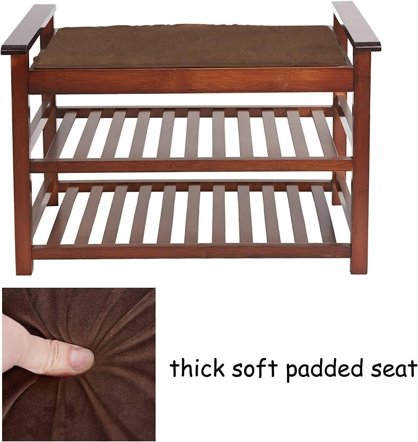 2-Tier Bamboo Shoe Rack Bench with Cushion - Sturdy Entryway Storage Organizer for Shoes | Hallway, Bathroom & Living Room Seating Solution | Space-Saving Shoe Stool for Small Spaces (Brown)
