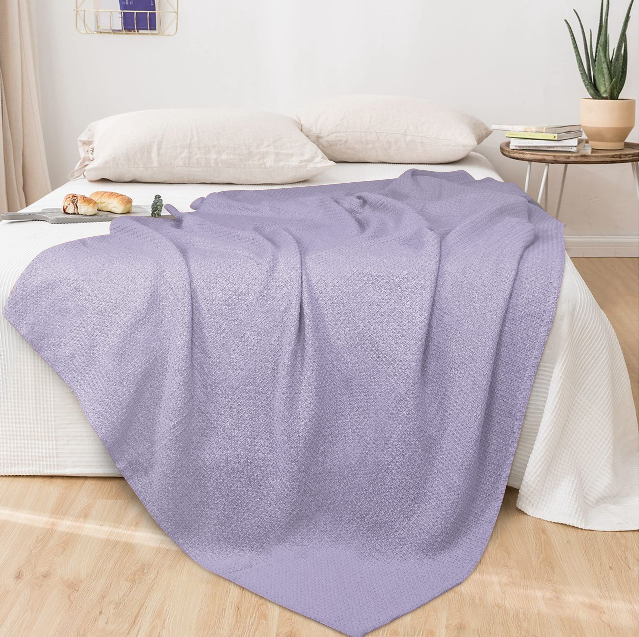 GLAMBURG 100% Cotton Thermal Blanket - King Size Soft Waffle Weave Blanket for All Seasons | Breathable, Cozy & Warm Bed Blanket in Purple | Perfect for Bedroom, Couch, Camping & Gifts