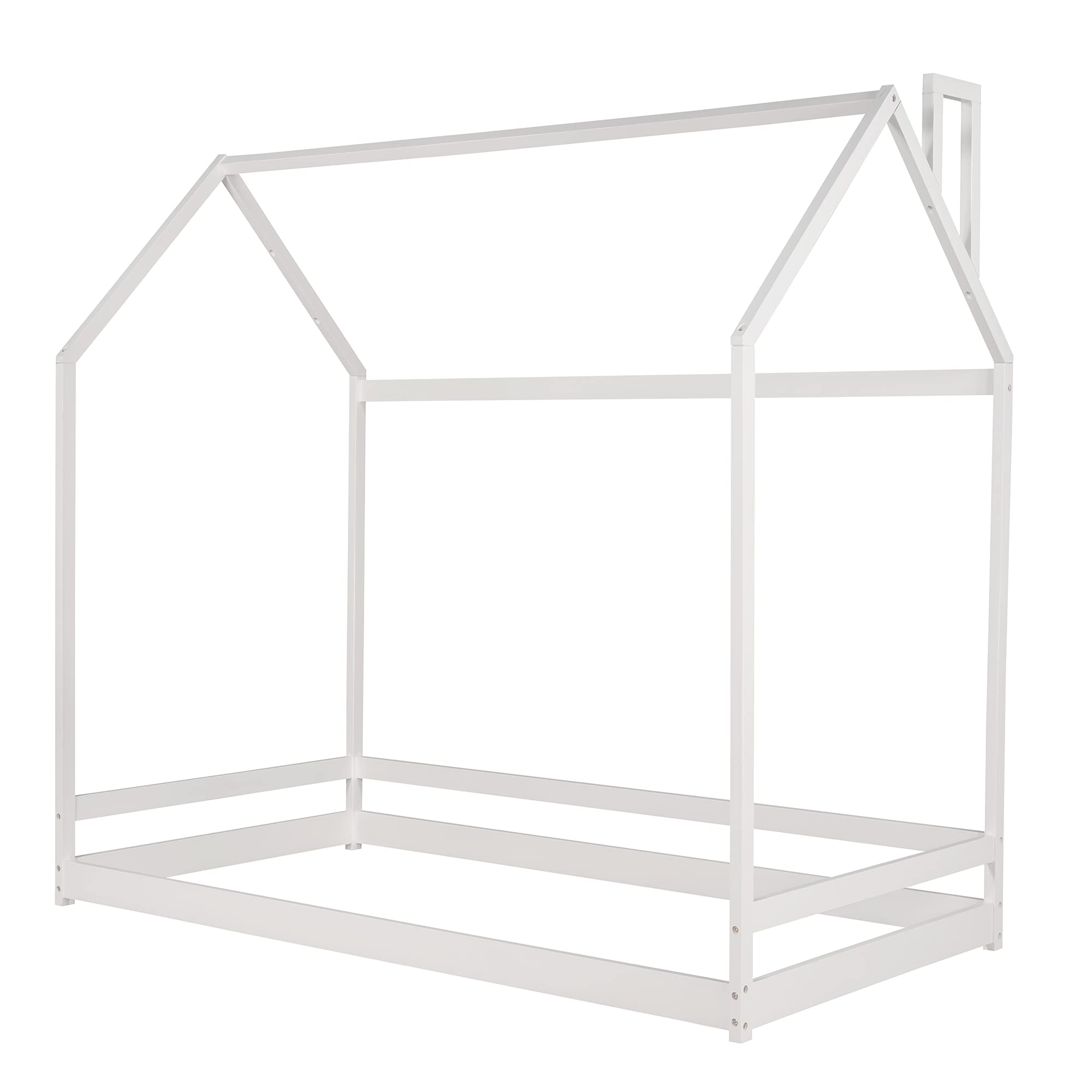 Solid Wood House Bed Frame with Roof Design - No Box Spring Needed, Space-Saving Wooden Floor Bed for Kids | Easy Assembly in White | Perfect for Boys & Girls Bedrooms, Playrooms & Small Spaces