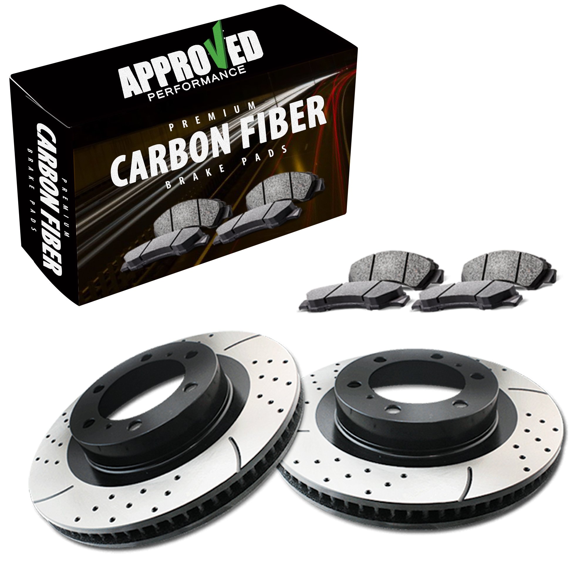 High-Performance F14029-FP Front Brake Kit with Drilled & Slotted Rotors & Carbon Fiber Ceramic Pads - Compatible with Ford Escape, Transit Connect - Perfect for Racing, Towing & Off-Road Adventures