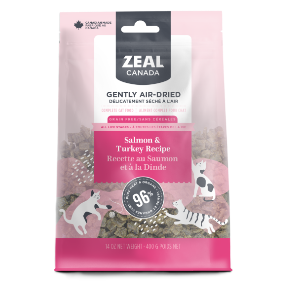 Zeal Canada Grain-Free Air Dried Cat Food - Salmon & Turkey Recipe, 400g | High Protein Natural Pet Treats for Indoor & Outdoor Cats