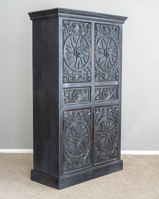 Hand Carved Tallboy Charcoal Wooden Indian Armoire Closet - Vintage Storage Cabinet for Bedroom, Living Room & Entryway Organization