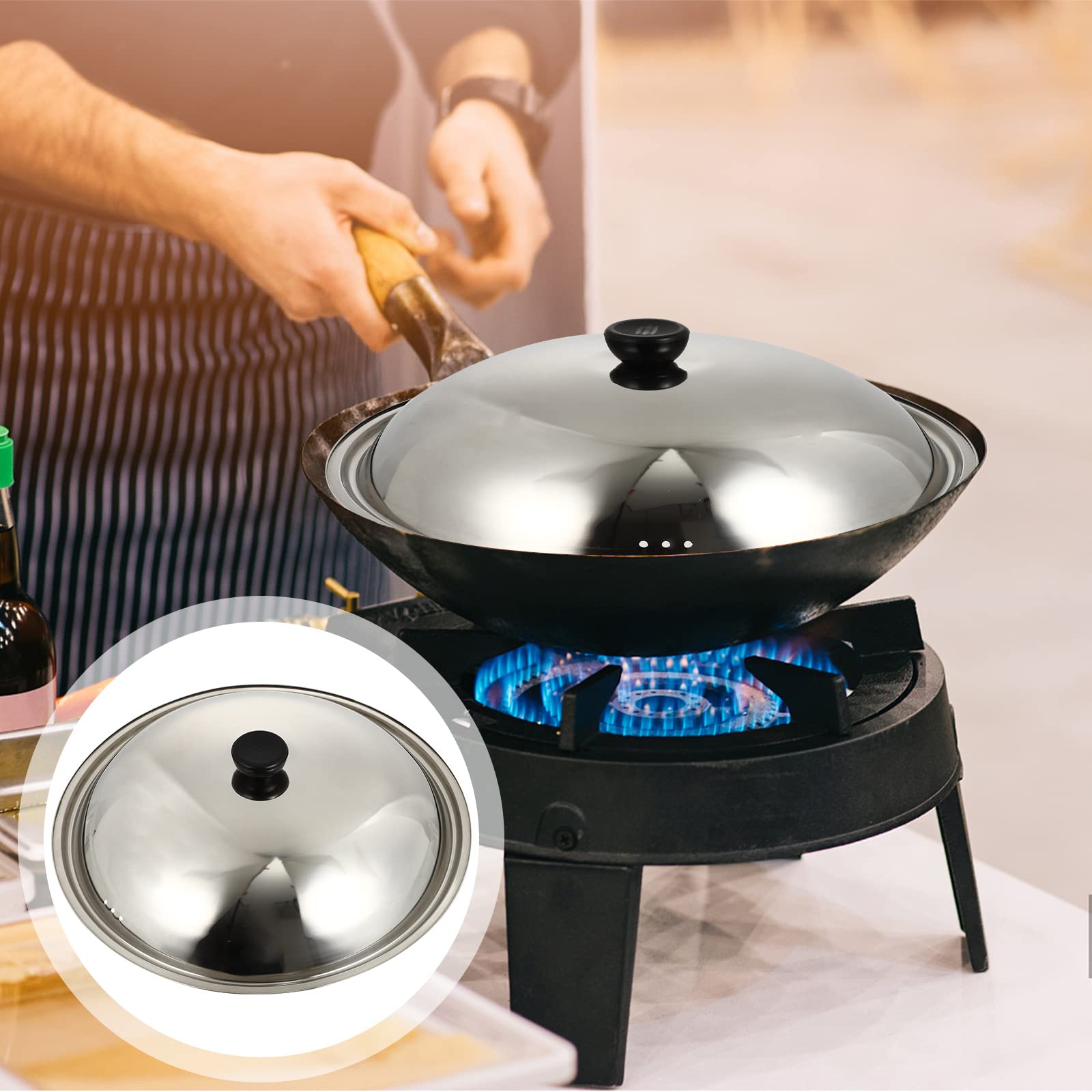 Stainless Steel Wok Lid with Round Knob - 13.7 Inch Replacement Pot Cover for Cooking Pans & Skillets | Durable Cookware Accessory for Stir-Fry, Steaming & Simmering