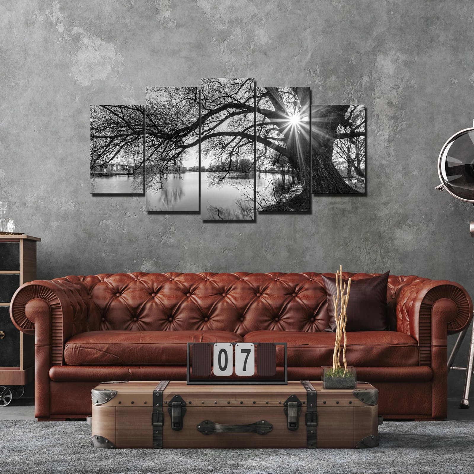 5-Piece Black and White Lake Landscape Canvas Wall Art - Old Tree Sunrise Painting, Framed Modern Home Decor (Ready to Hang) - Perfect for Living Room, Bedroom & Office Decoration