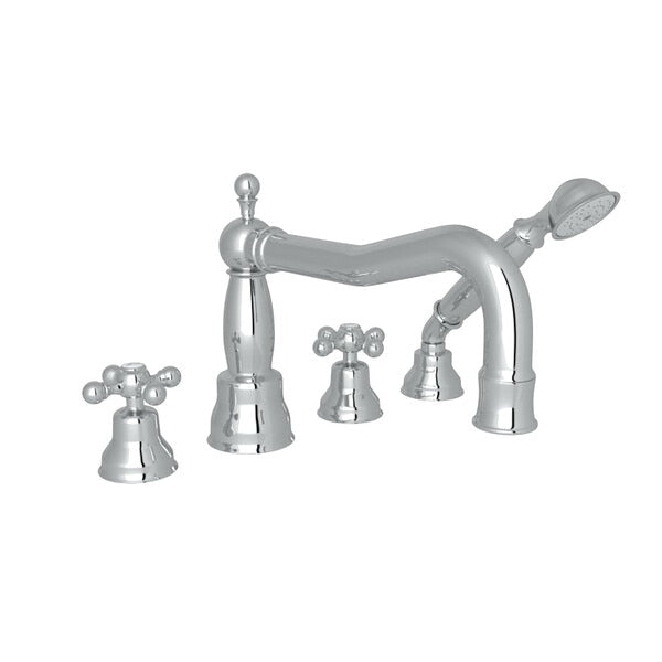 Arcana 4-Hole Deck Mount Tub Filler with Hand Shower and Cross Handle - Modern Bathroom Faucet for Bathtub and Shower Combo