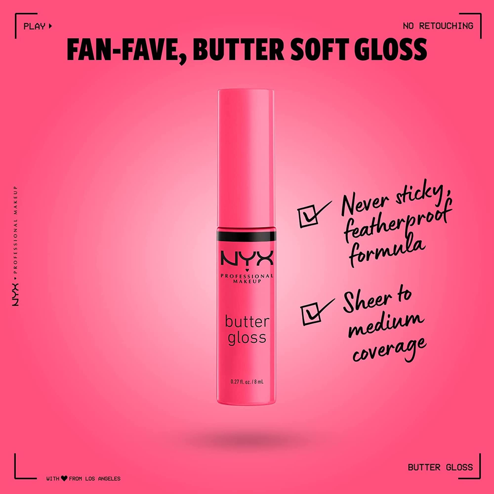 NYX Professional Makeup Butter Gloss - Non-Sticky Lip Gloss in Peaches & Cream (Pink Coral) | Hydrating & Shiny Finish for Everyday Wear & Special Occasions