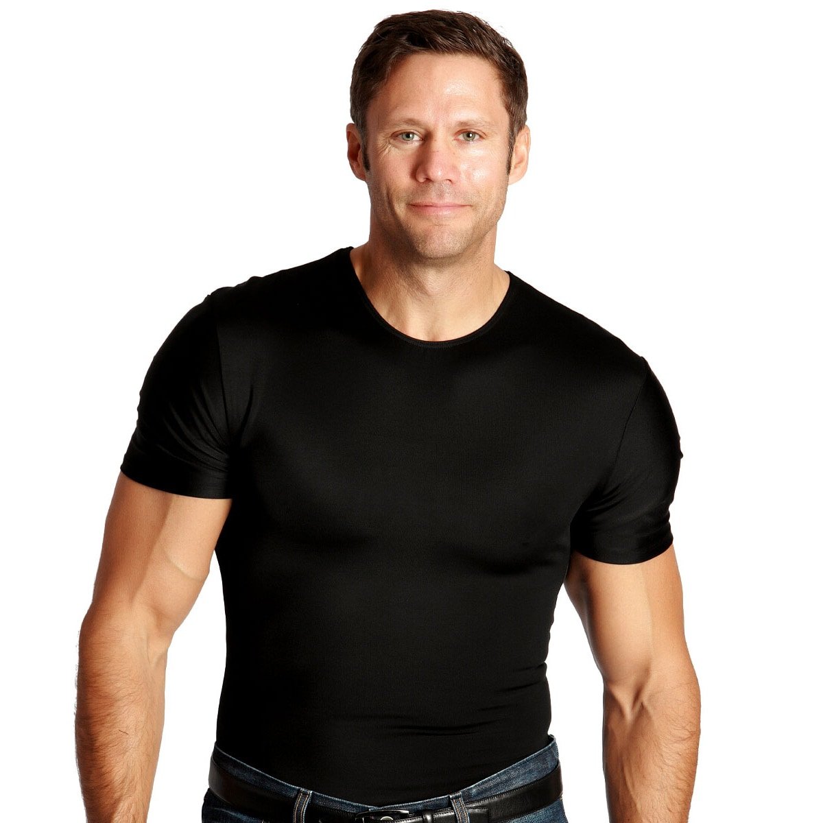 Insta Slim by I.S. PRO - Men's Slimming Compression Shirt (3 Pack) | Made in USA | Fitted Undershirt for Instant 5 Inch Waist Reduction & Back Support | Crew Neck Short Sleeve T-Shirt | Perfect for Workout, Office Wear & Everyday Comfort | Black - Large