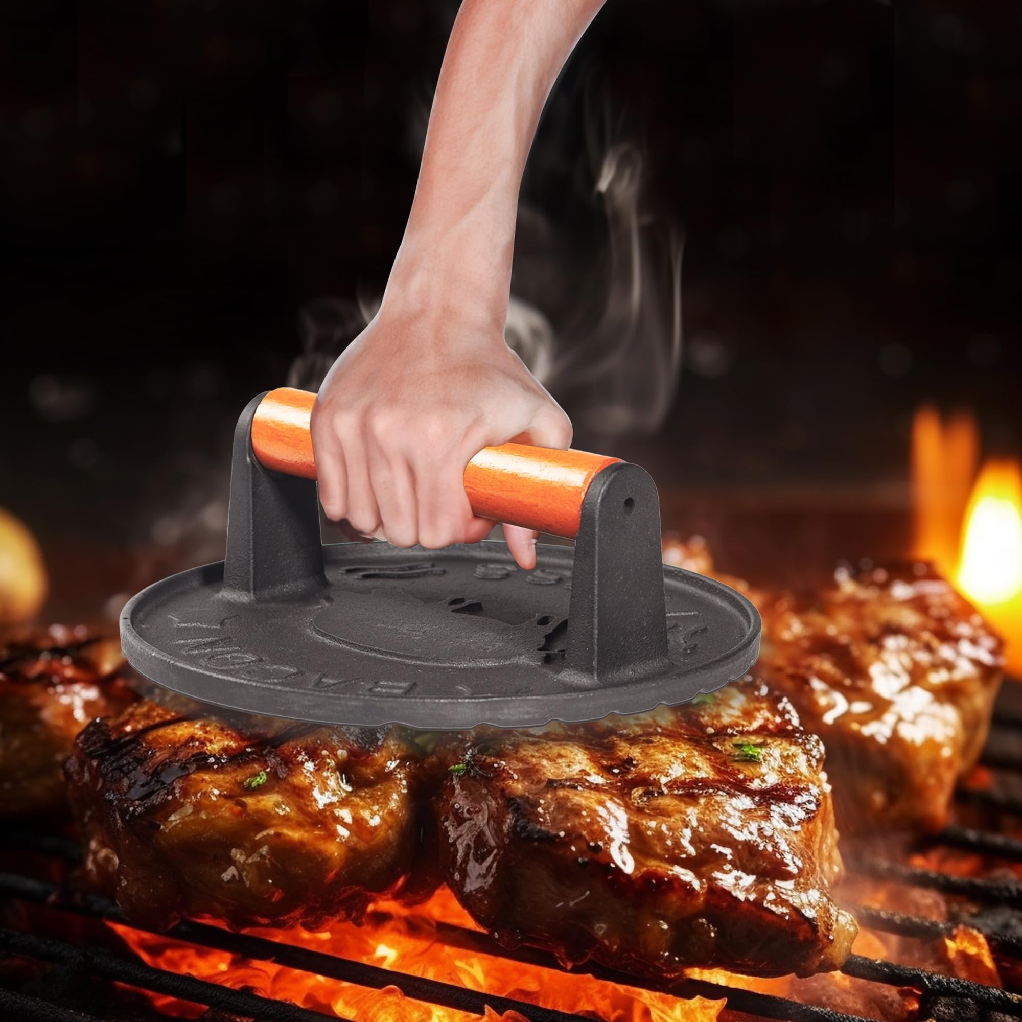 Vivicreate 7 Inch Cast Iron Burger Smasher with Wooden Handle - Heavy Duty Patty Press for Hamburgers, Bacon, and BBQ - Perfect for Grilling, Griddle Cooking, and Outdoor Barbecue Parties