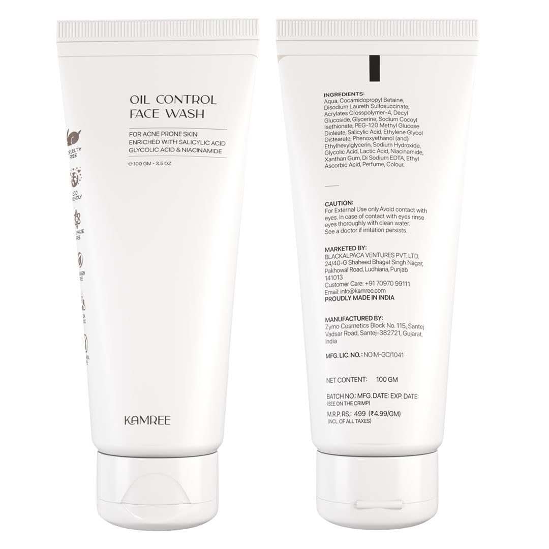 KAMREE® Oil Control Face Wash with 2% Salicylic Acid & 1% Glycolic Acid - Sulfate Free Anti Acne Cleanser for Pimples & Oily Skin - 100ml for Women & Men - Perfect for Daily Skincare Routine & Acne Treatment