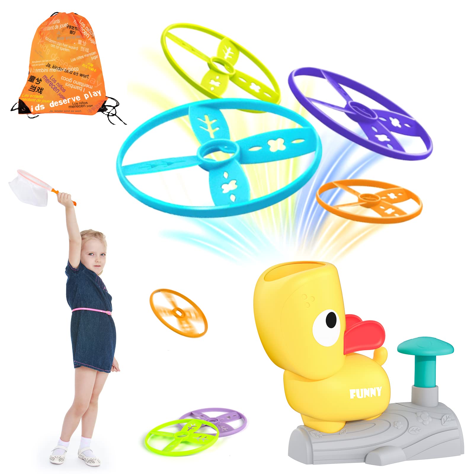 ULUCTROM Flying Disc Launcher Toy for Kids Ages 4-8 - 16pcs Flying Saucers with Storage Bag - Outdoor Sports Toys for Boys & Girls - Perfect for Birthday Gifts, Backyard Games, Park Play and Family Fun Activities