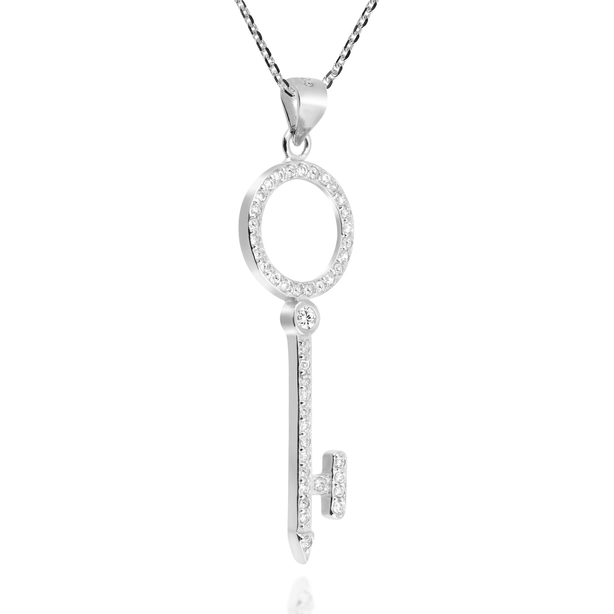 AeraVida Sparkling Circle Key Necklace - .925 Sterling Silver with Clear Cubic Zirconia Pendant | Elegant Jewelry Gift for Women, Perfect for Parties, Weddings & Everyday Wear