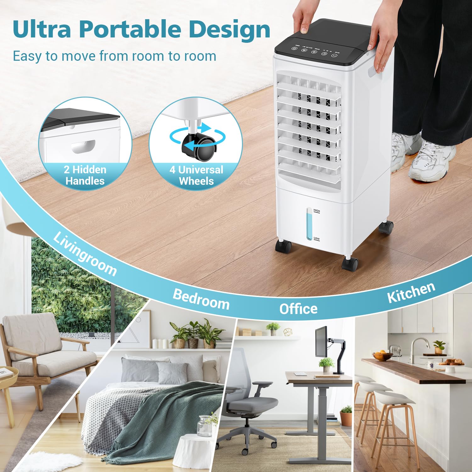 Portable Air Conditioner 3-in-1 Evaporative Air Cooler with Remote Control - 3 Speed Settings, 60° Oscillation, 1-7H Timer, 60W Energy Saving (Energy Class A++) - Perfect for Home, Office, Dorm & Small Spaces Cooling