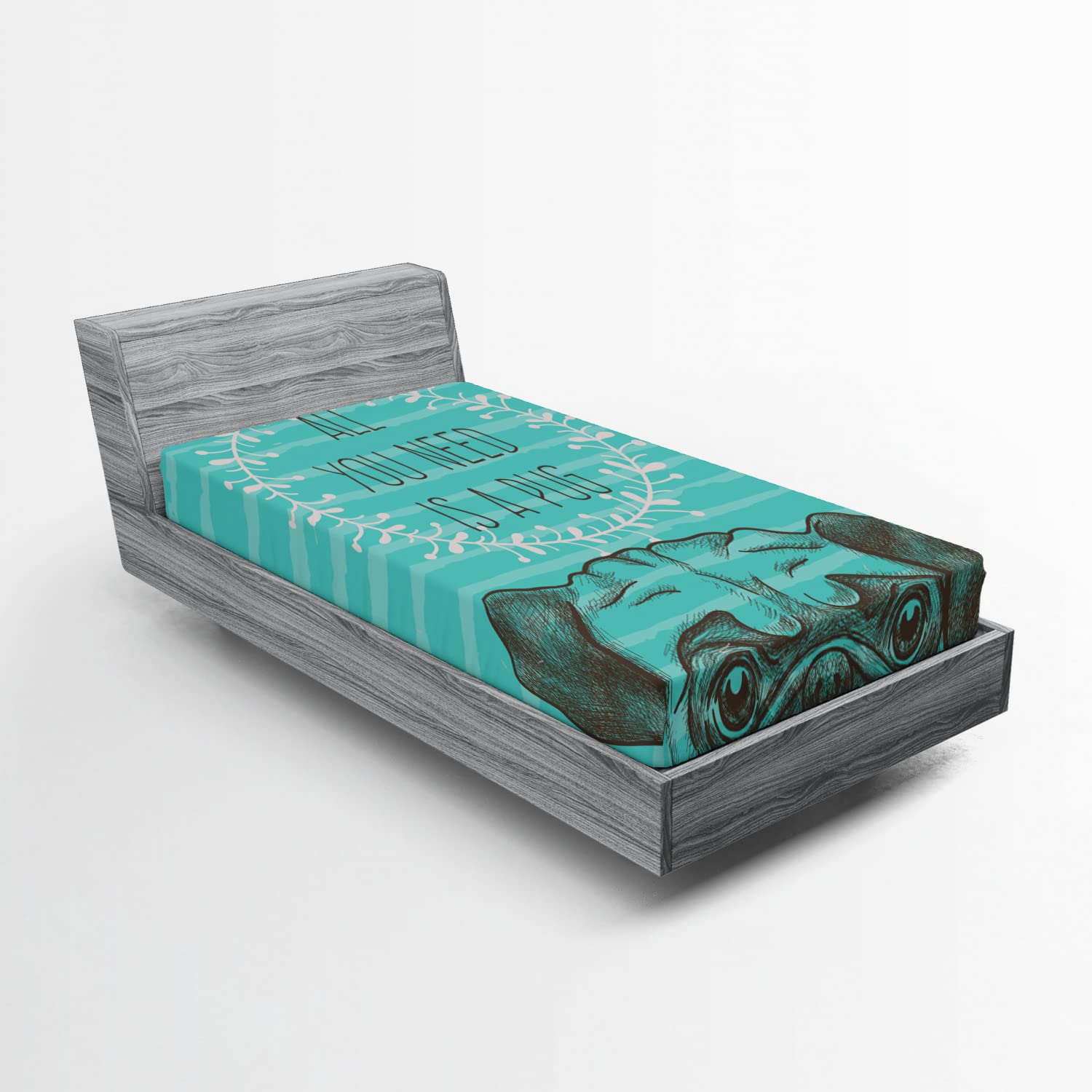 Ambesonne Pug Fitted Sheet - Twin XL, Sea Green Brown - Cozy Dog Bed Cover for Pet Lovers