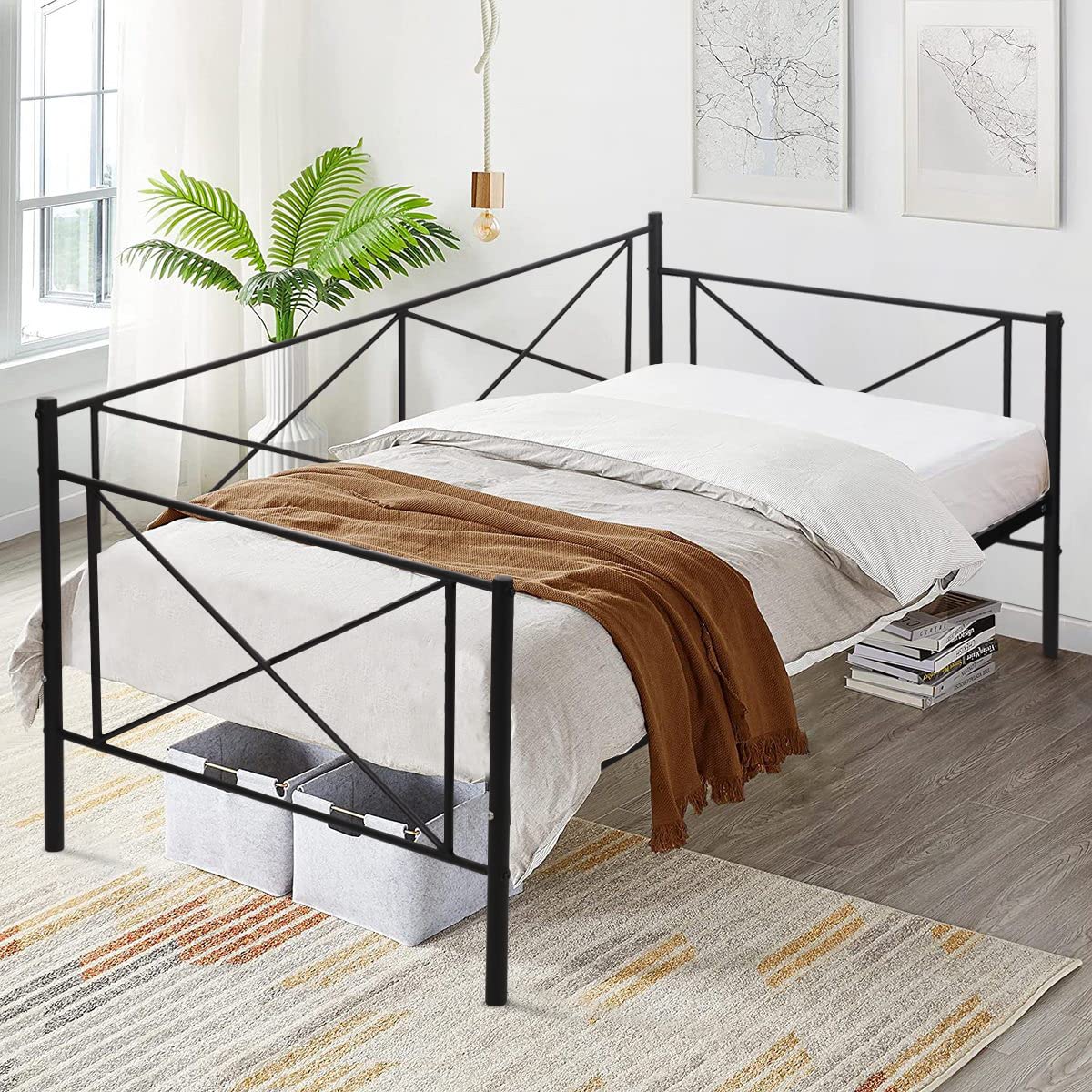 YRLLENSDAN Metal Twin Bed Frame with Headboard - Daybed, Sofa Bed & Platform Mattress Foundation - Box Spring Replacement for Living Room, Guest Room, Bedroom - Easy Assembly (Black) | Perfect for Small Spaces, Sleepovers & Multi-Functional Furniture Needs