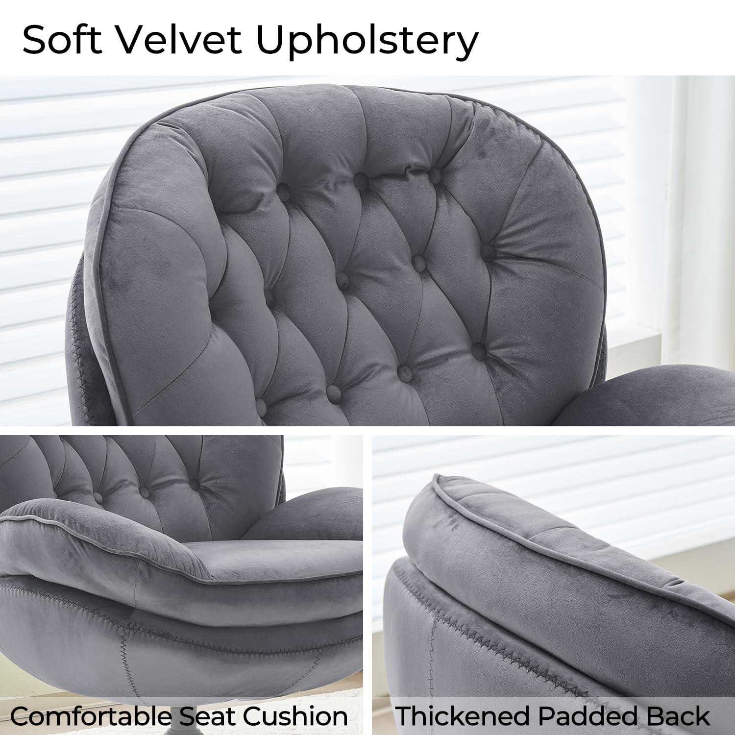 Velvet Swivel Accent Chair with Ottoman Set - Modern Tufted Armchair & Footrest for Living Room, Bedroom - 360 Degree Swivel Lounge Chair for Adults - Grey - Perfect for Reading, Watching TV or Relaxing