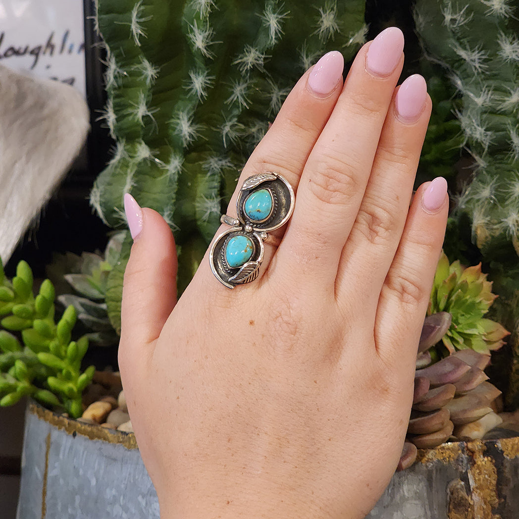 Vinita 2 Stone Turquoise Ring for Women - Genuine Natural Turquoise & Sterling Silver Jewelry - Perfect for Boho, Western & Everyday Fashion
