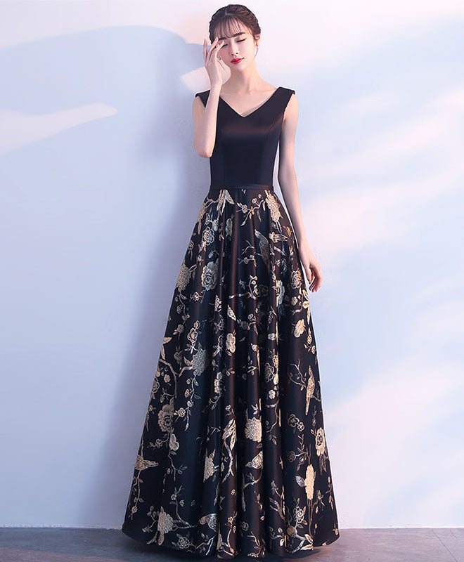 Elegant Black V-Neck Floral Long Prom Dress for Evening Gowns - Perfect for Prom Night, Formal Events & Special Occasions
