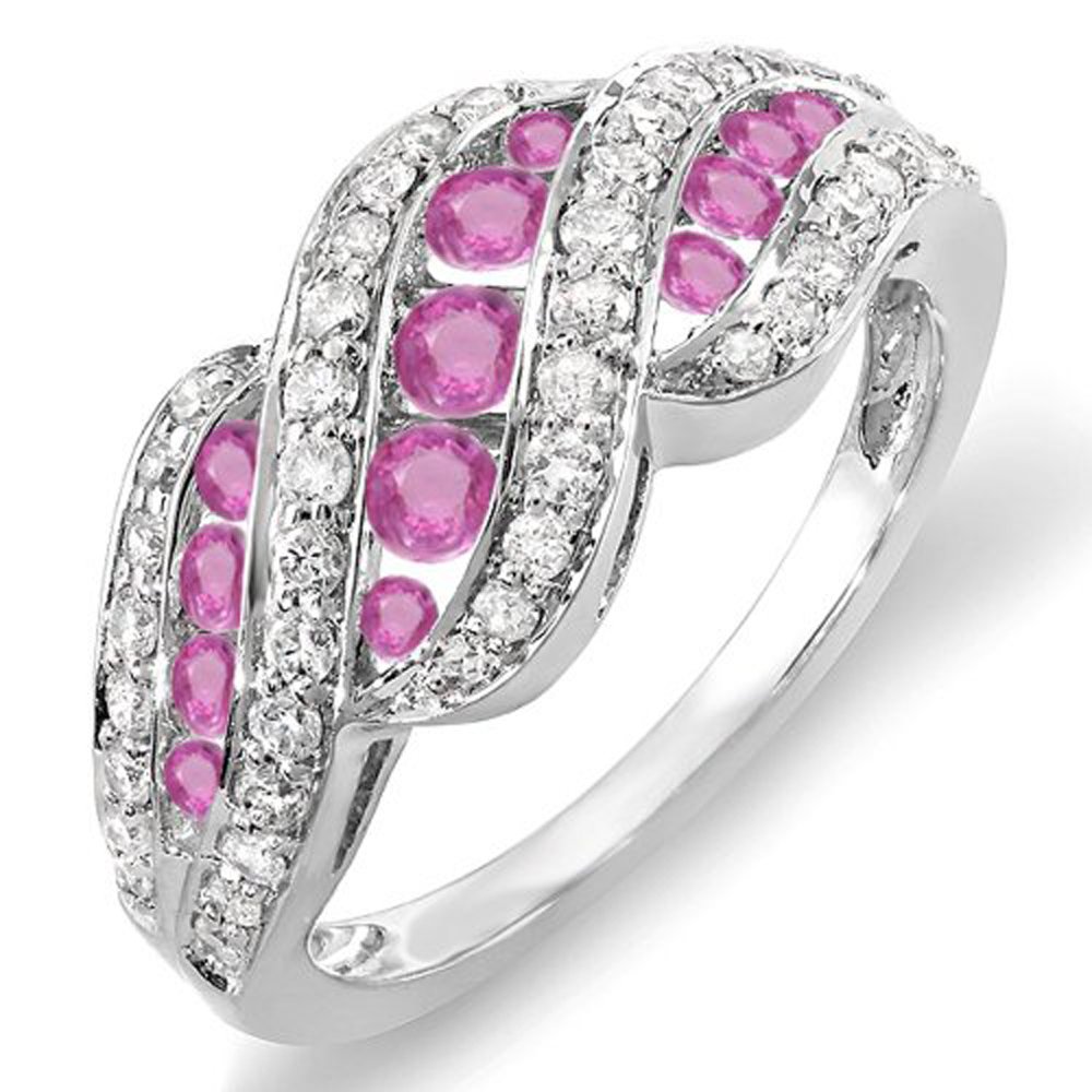 Dazzlingrock 10K White Gold Round White Diamond & Pink Sapphire Women's Cocktail Ring – Elegant Right Hand Ring for Parties, Weddings & Special Occasions