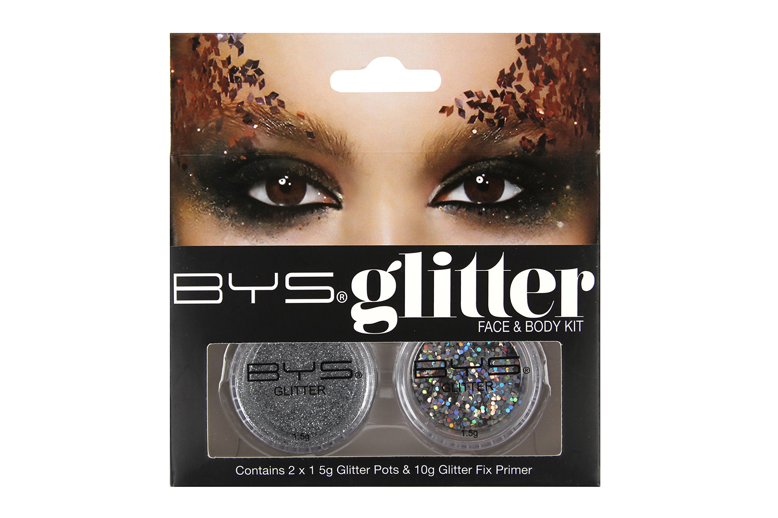 BYS Glitter Face and Body Kit with Primer - Silver | Shimmer Makeup Set for Festival, Halloween, Cosplay & Body Art | Vegan & Cruelty-Free