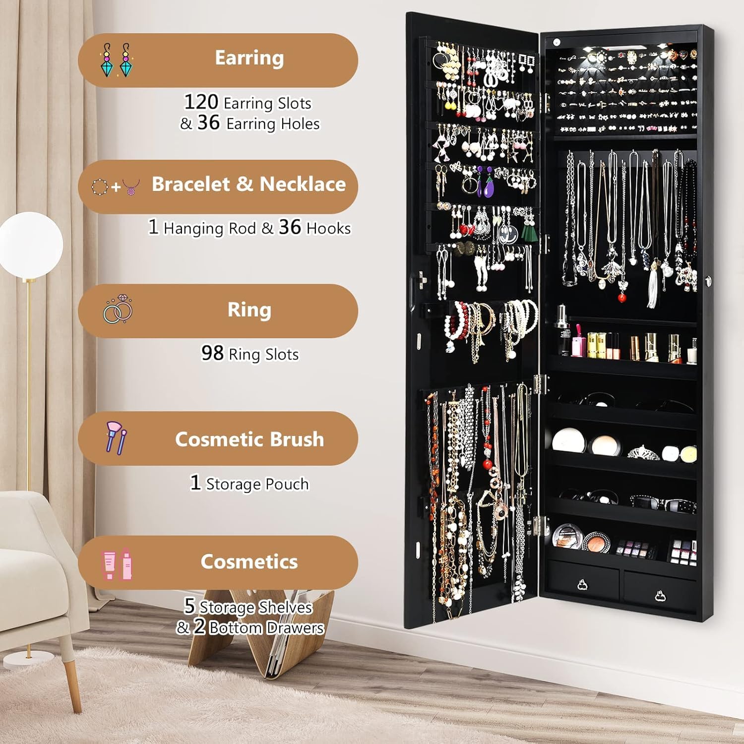 Moccha Wall Mount Jewelry Armoire with LED Lights - Lockable Jewelry Cabinet Organizer with 2 Drawers & Full Mirror for Bedroom - Perfect for Jewelry Storage, Organization & Display (Black)