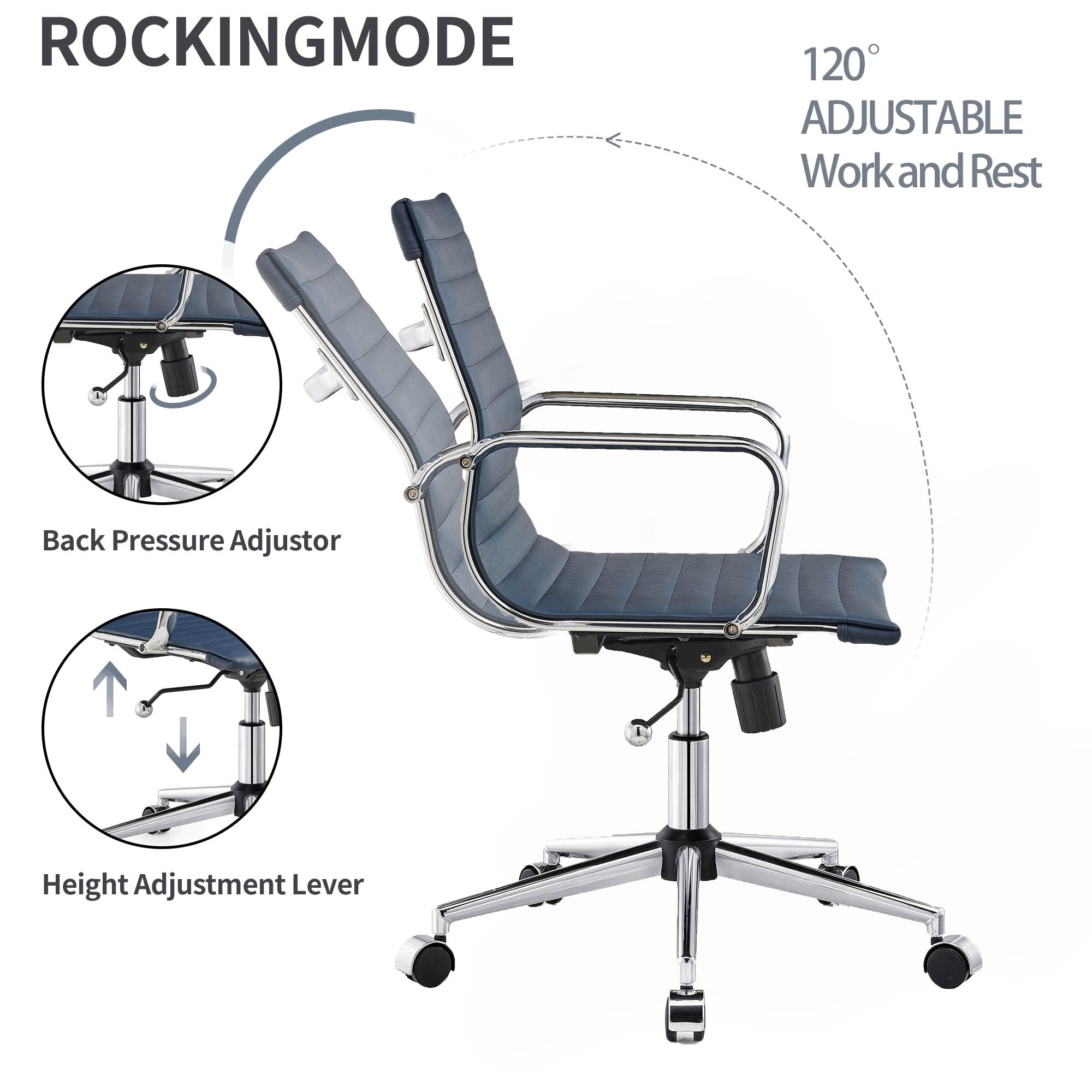 Ergonomic Leather Office Chair - Modern Swivel Executive Desk Chair with Ribbed Back Support for Home & Conference Room - Navy Blue (Perfect for Long Work Hours & Video Meetings)