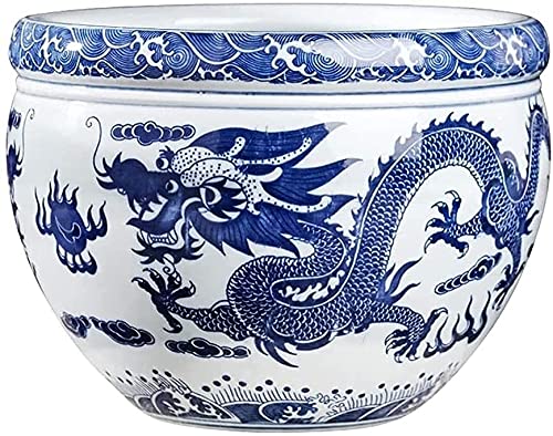 WANIYA1 Blue and White Porcelain Flower Pot - Chinese Style Oriental Asian Double Dragon Design with Fire Pearl Fish Bowl - 22.5x19cm Succulent Planter for Home, Office, Windowsill Decor - Perfect for Bonsai, Cactus, and Small Plants