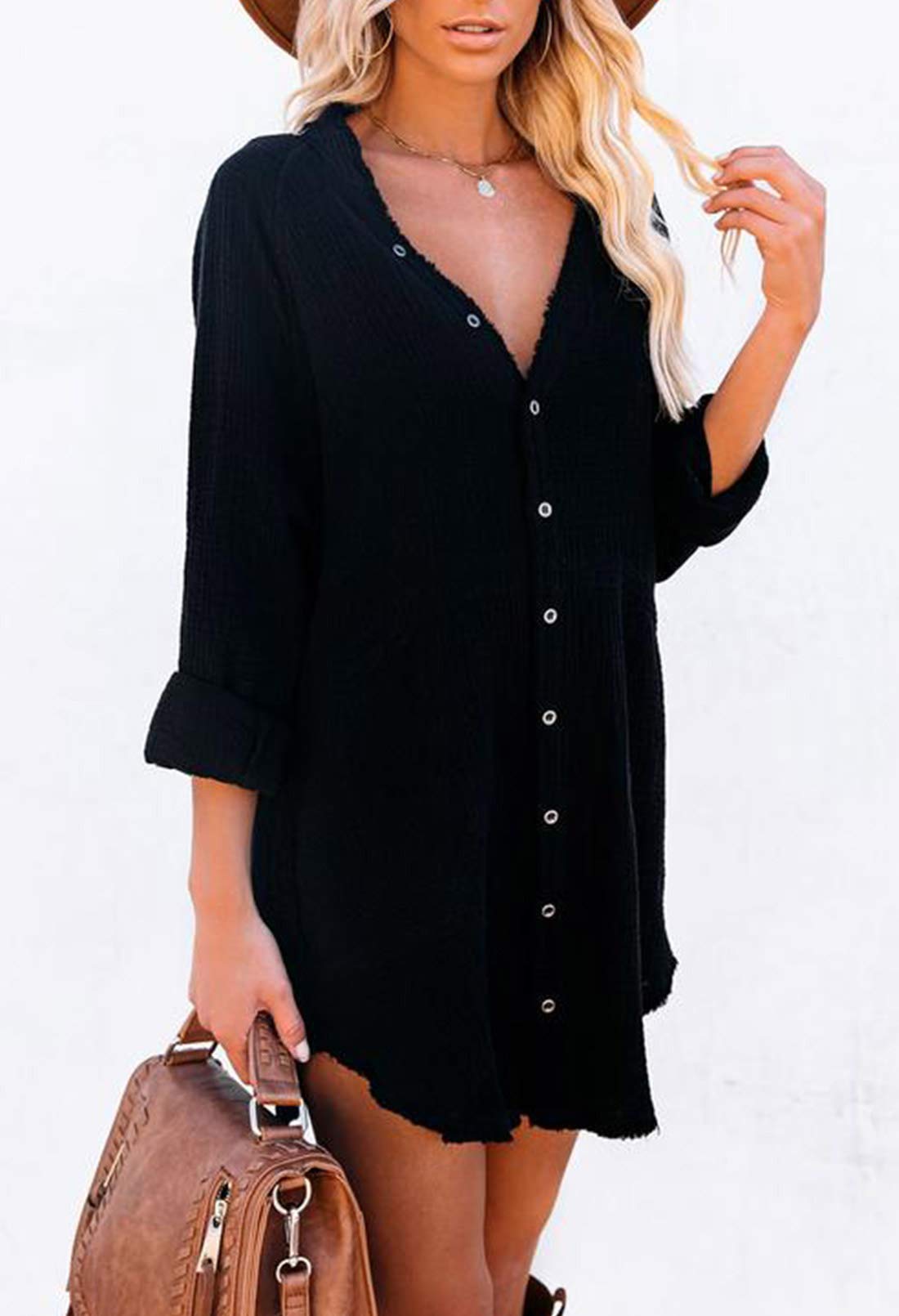Pink Queen Women's V-Neck Long Sleeve Button Down Blouse Tunic Shirt Mini Dress with Pockets - Elegant Office Wear & Casual Outfit for Work, Date Night and Spring Fashion