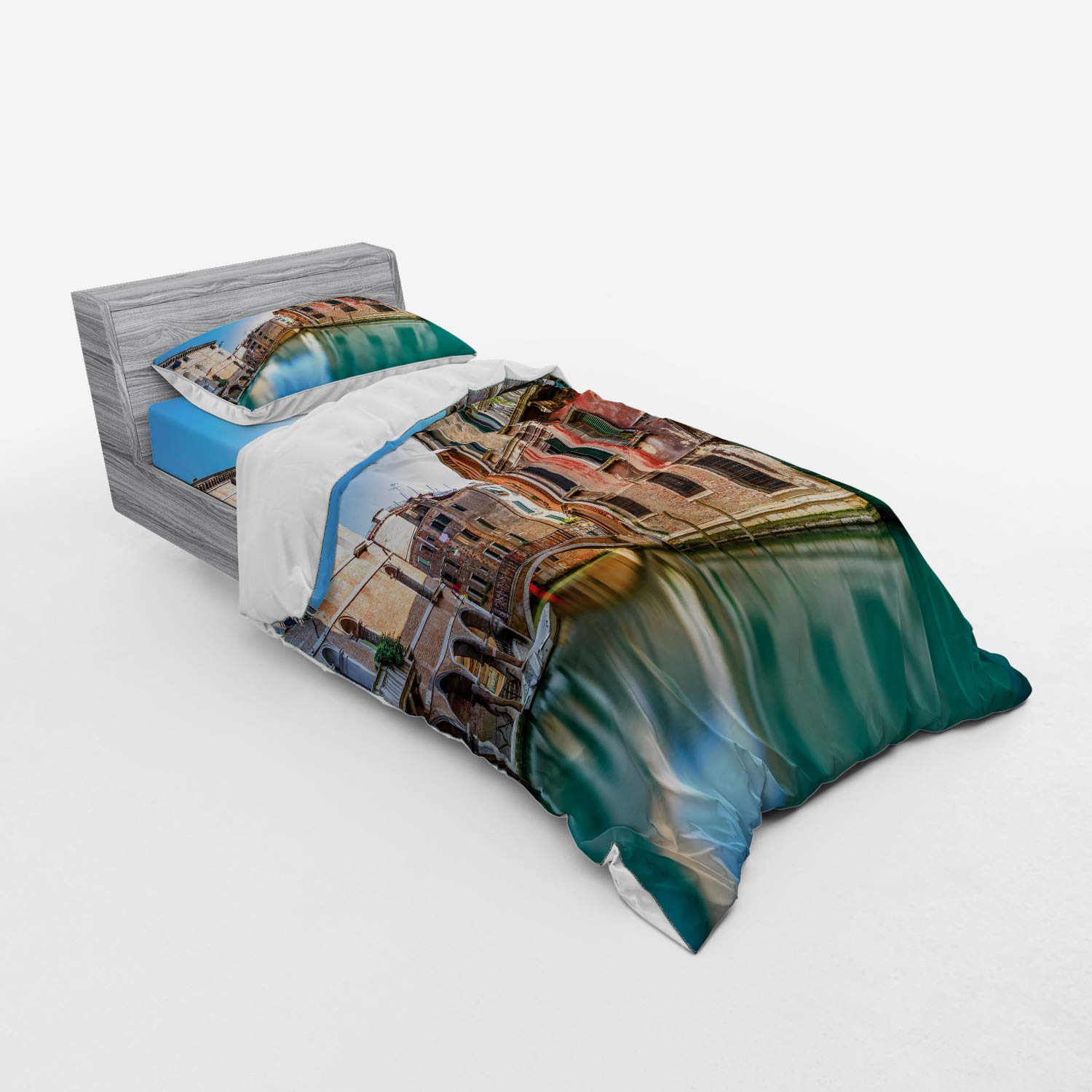 Ambesonne Venice Bedding Set - 3-Piece Duvet Cover with Sham & Fitted Sheet, Twin Size, Teal Grey Red - Traditional Italian Water Canal & Romantic Cityscape Design - Perfect for Travel Lovers & Home Decor
