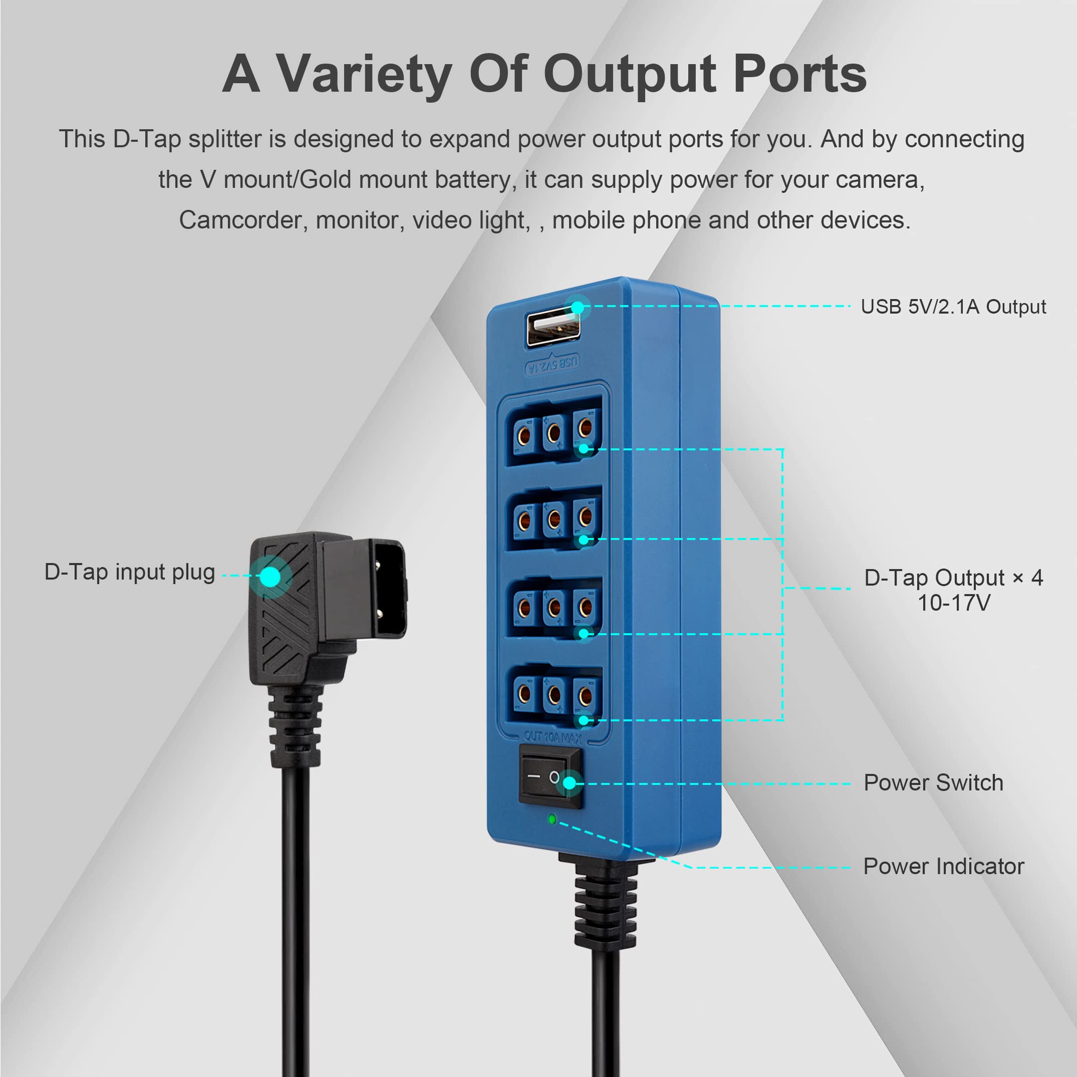 D-TAP Male to 4-Port D-TAP Female Power Splitter Adapter with USB Output - Compatible with V-Mount/Gold Mount Batteries, DSLR Cameras, ARRI RED, LED Video Lights, Monitors, BMPCC 4K/6K - Perfect for Professional Filmmaking, Photography & Mobile Device Charging