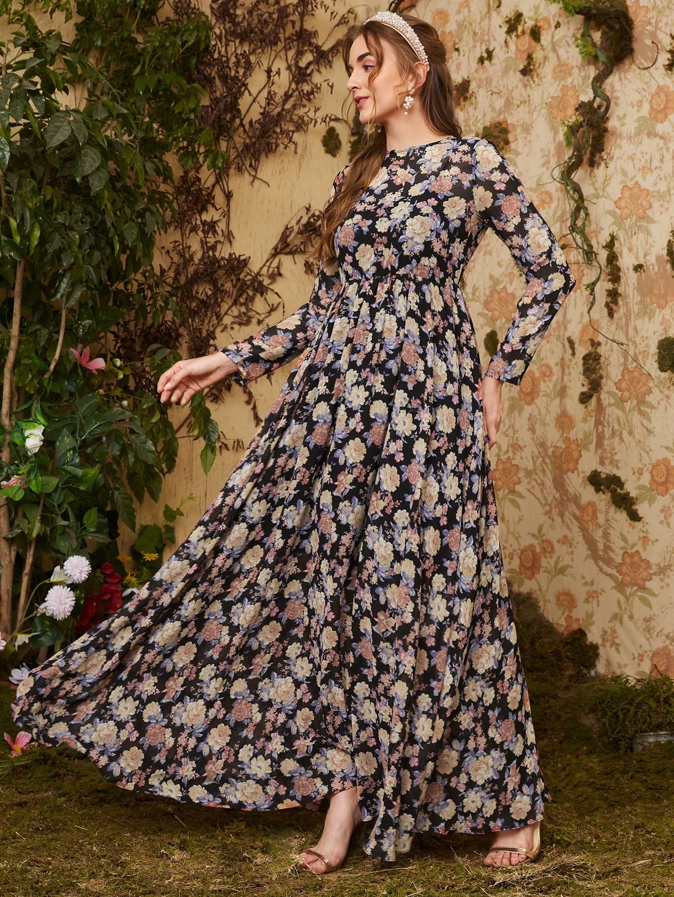 Floral Print Long Sleeve Midi Dress for Women - Summer Party & Club Wear - Elegant Flowy Maxi Dress for Beach, Wedding & Special Occasions