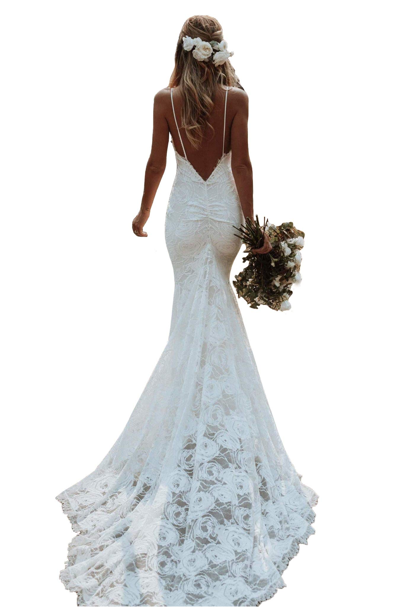 Elegant Lace Mermaid Wedding Dress with Sleeves - A-Line Beach Bridal Gown for Women 2023 | Perfect for Beach Weddings, Vow Renewals & Romantic Photoshoots