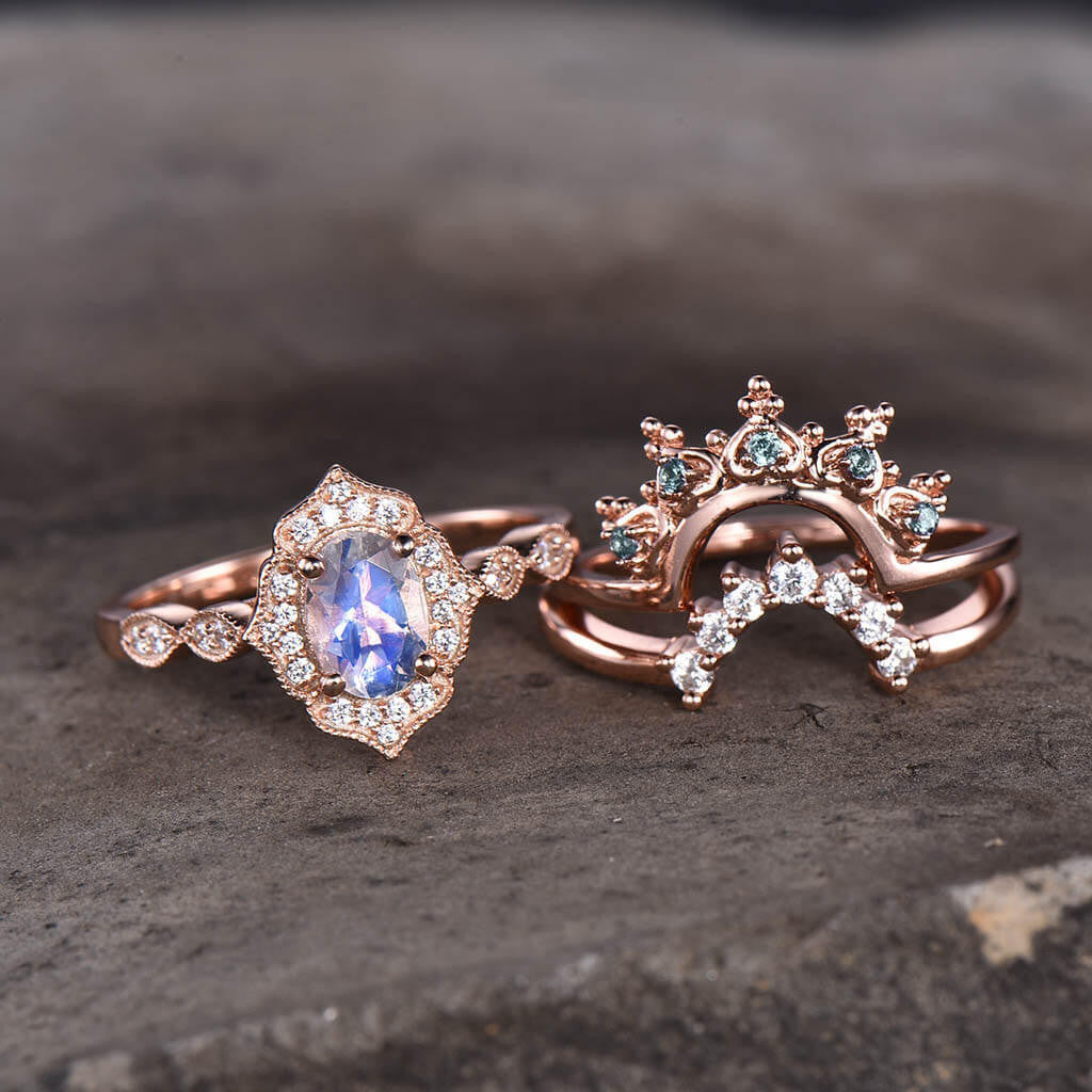 14K/18K Rose Gold Rainbow Milgrain Moonstone Diamond Bridal Jewelry Set - 3 Piece Wedding Ring Set for Engagement, Anniversary & Bridal Party Gifts