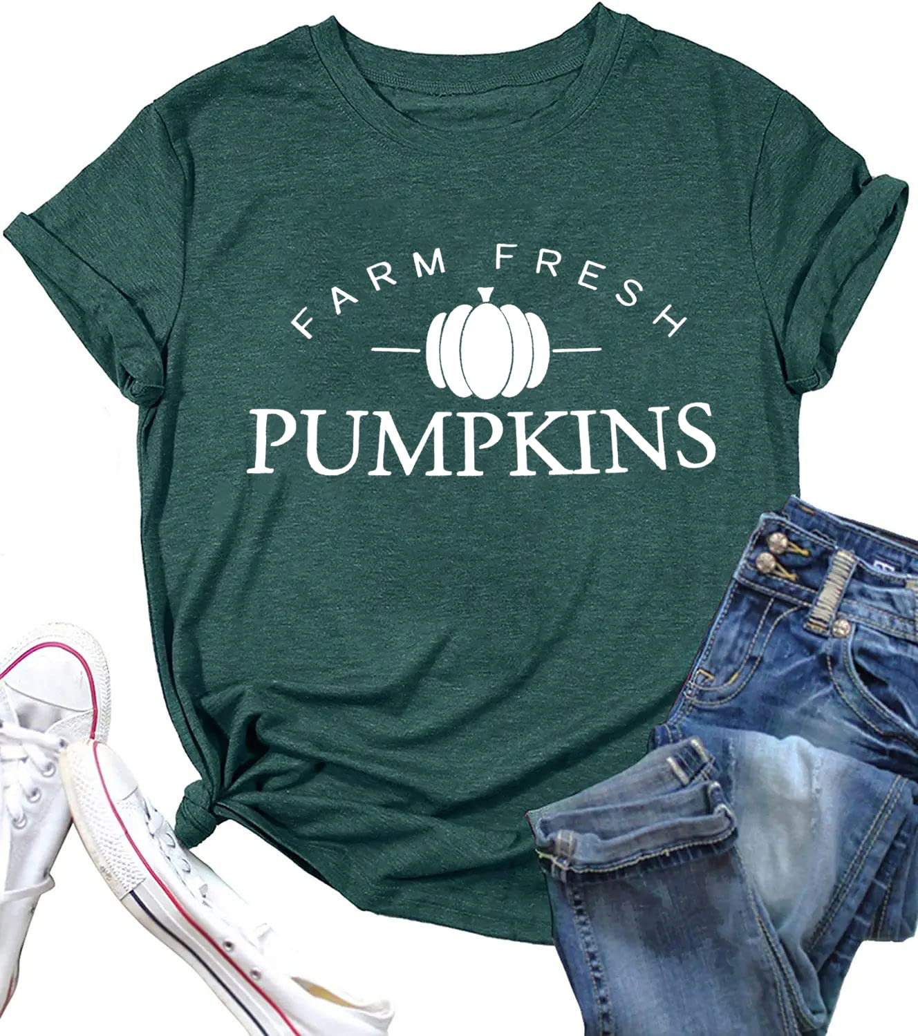 Farm Fresh Pumpkin T-Shirt for Women - Cute Fall Graphic Tee with Pumpkin Design | Short Sleeve Thanksgiving Top | Perfect for Autumn Outings, Halloween Parties & Cozy Seasonal Looks