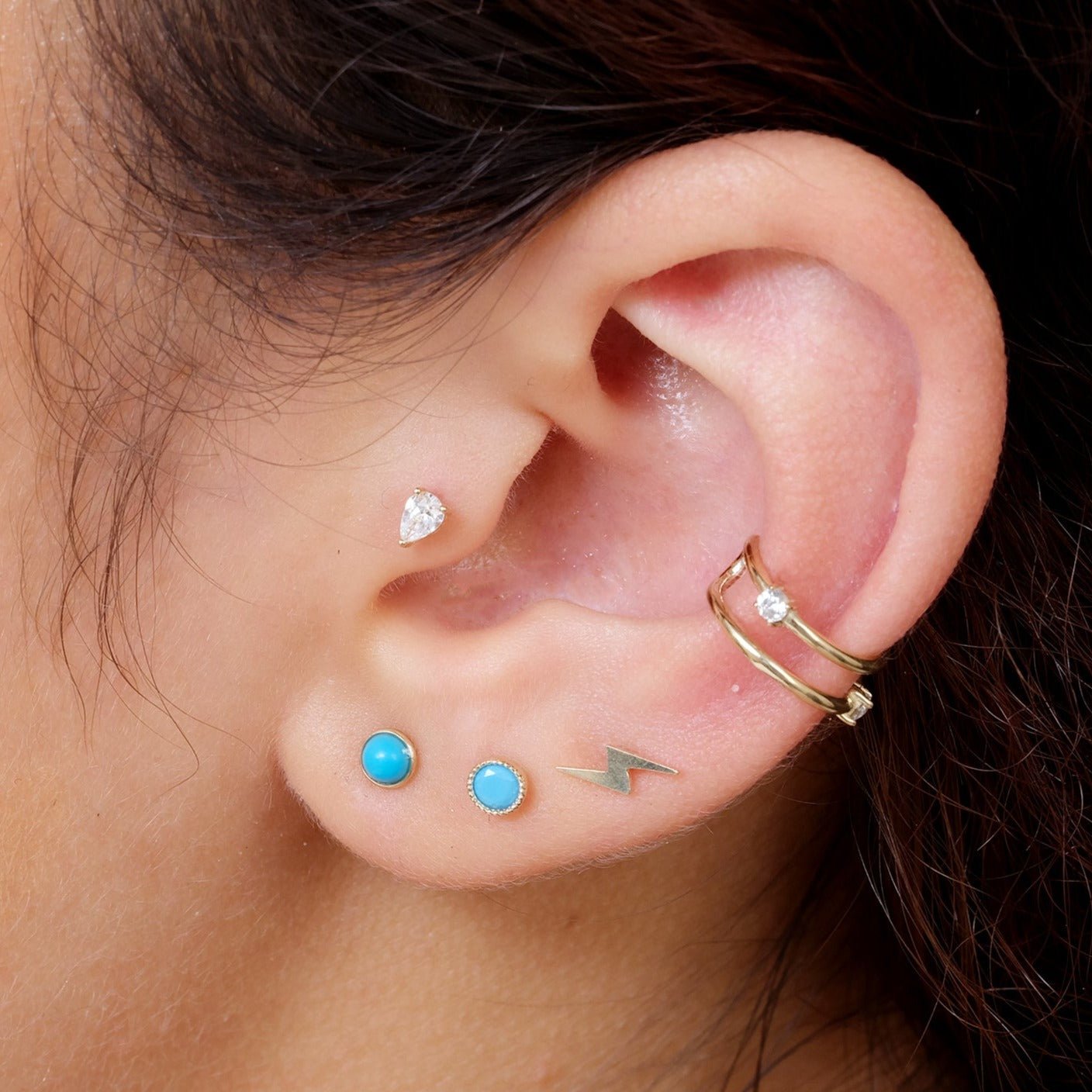 14K Yellow Gold Round Turquoise Cabochon Stud Earrings - Flat Back Bezel Set for Everyday Wear & Boho Jewelry