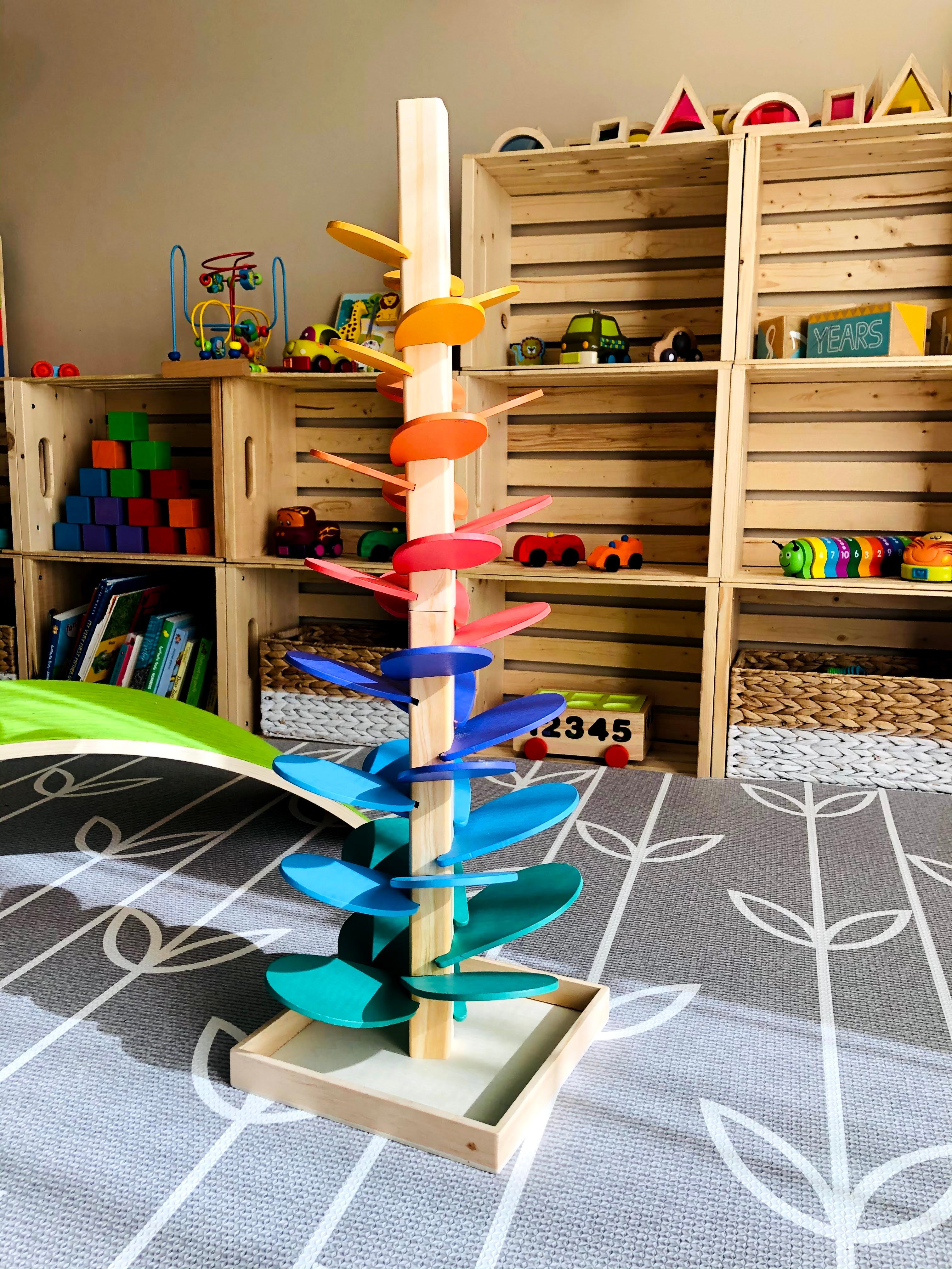 Large Wooden Marble Run Toy with Rainbow Sound Tree & Colorful Wooden Balls - Fun Educational STEM Activity for Kids Indoor Play