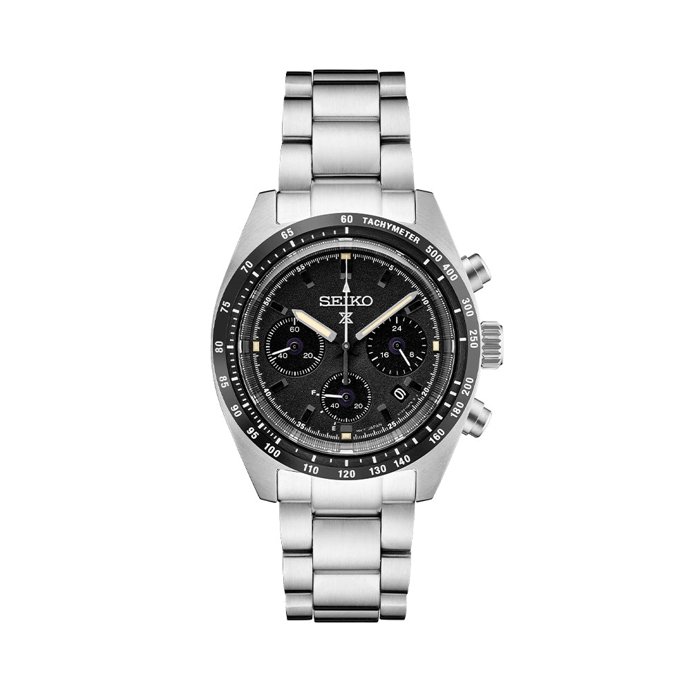 Seiko SSC819 Prospex Speedtimer 39mm Solar Chronograph Watch - Black Dial on Stainless Steel Bracelet | Perfect for Racing Enthusiasts & Professional Timing