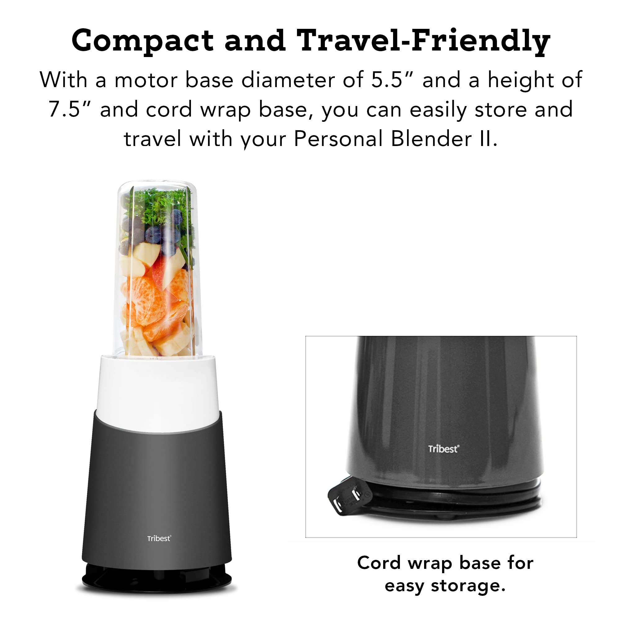 Tribest II Ready Personal Blender with Mason Jar Mug - 500W Powerful Countertop Blender for Smoothies, Protein Shakes & Meal Prep - Compact Gray Blender for Home, Office & Gym Use