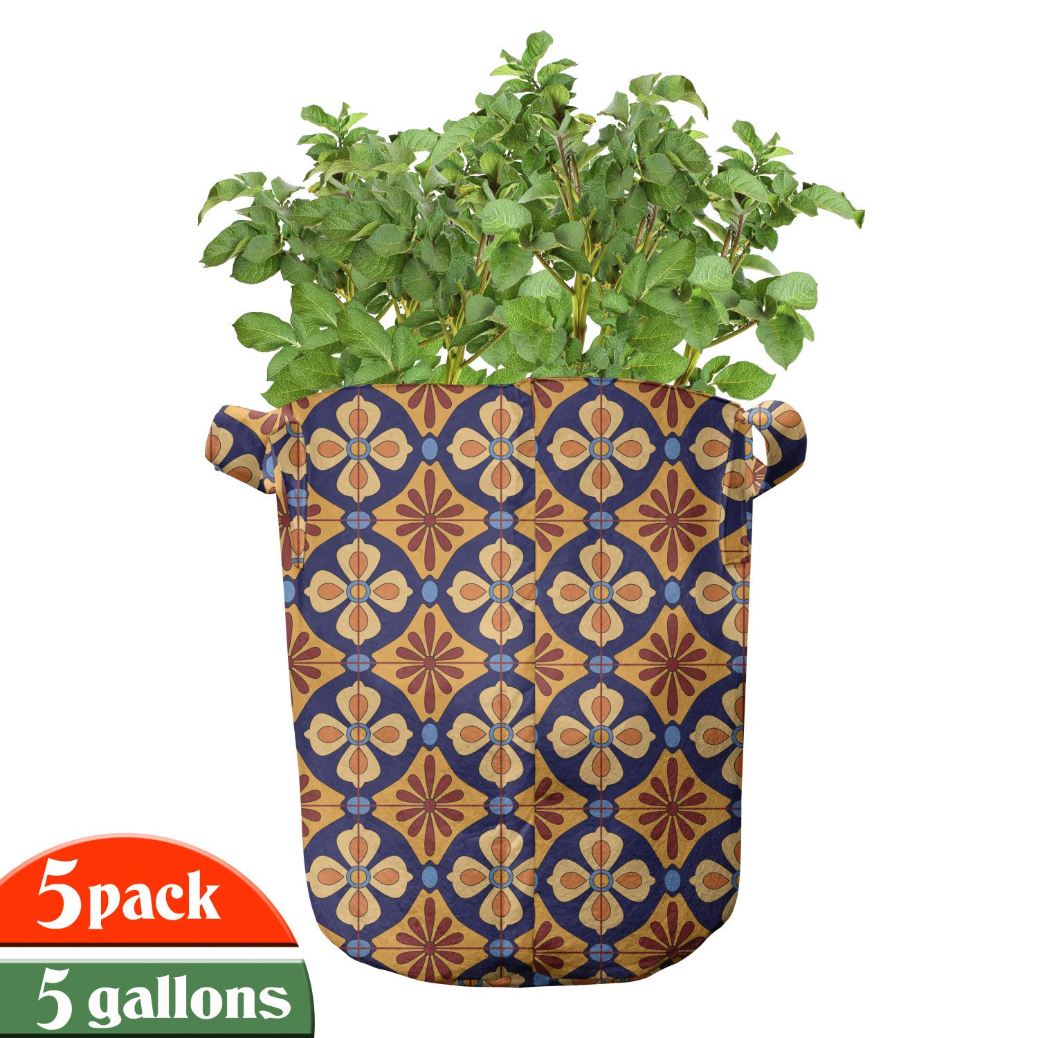 Lunarable Talavera Grow Bags 5-Pack - Heavy Duty Fabric Plant Pots with Handles, Mexican Ethnic Design in Blue Coffee - Perfect for Indoor/Outdoor Gardening, Vegetables, Flowers & Herbs
