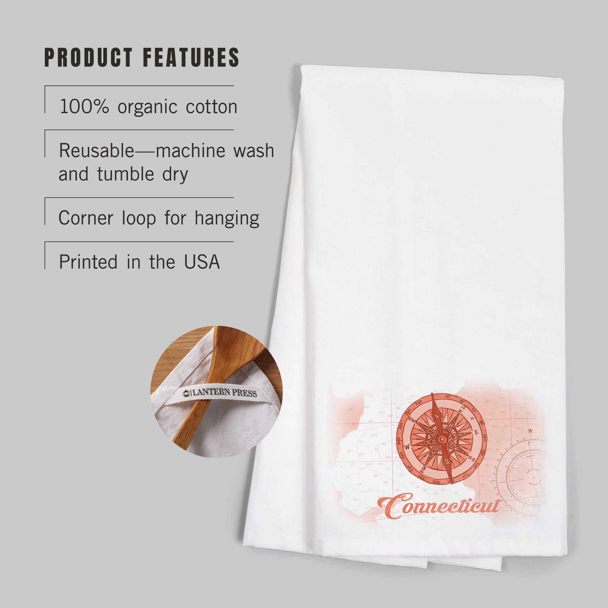 Lantern Press Connecticut Compass Coral Coastal Icon - 100% Cotton Tea Towel, Decorative Hand Towel for Kitchen & Home Decor | Perfect for Coastal Themed Kitchens, Beach House Decor, and Gift Giving