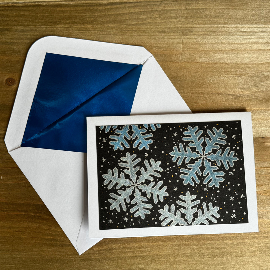 Festive Holiday Greeting Card with Elegant Metallic Snowflakes - Perfect for Christmas, New Year & Winter Celebrations