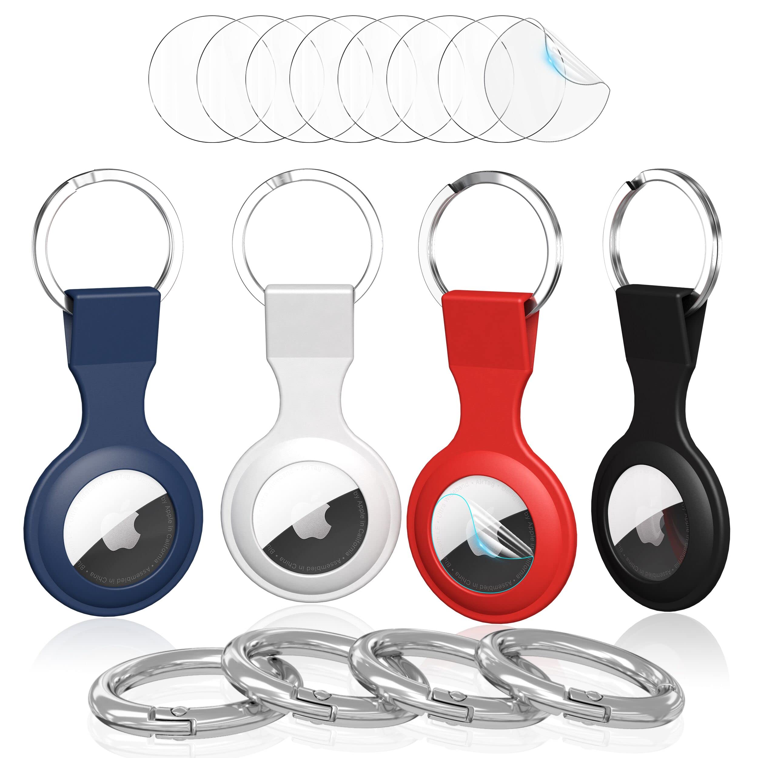 4 Pack Soft Silicone Case for Apple AirTag 2021 - Includes 8 Screen Protectors, Anti-Scratch Lightweight Cover with Key Ring - Perfect for AirTag Holder, Keychain Accessories & Everyday Item Tracking
