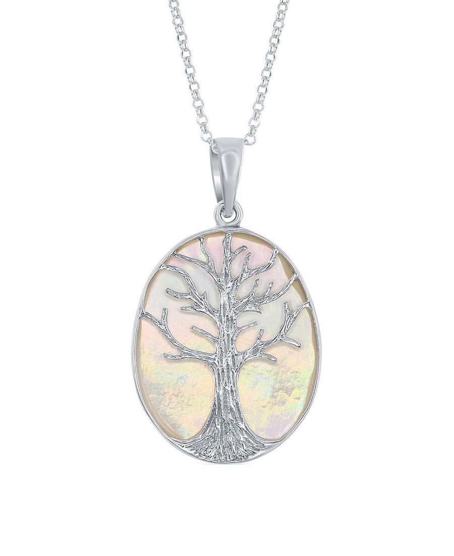Silver Roots Sterling Silver Mother of Pearl Tree of Life Oval Pendant Necklace - Elegant Jewelry Gift for Women, Perfect for Weddings, Anniversaries & Special Occasions