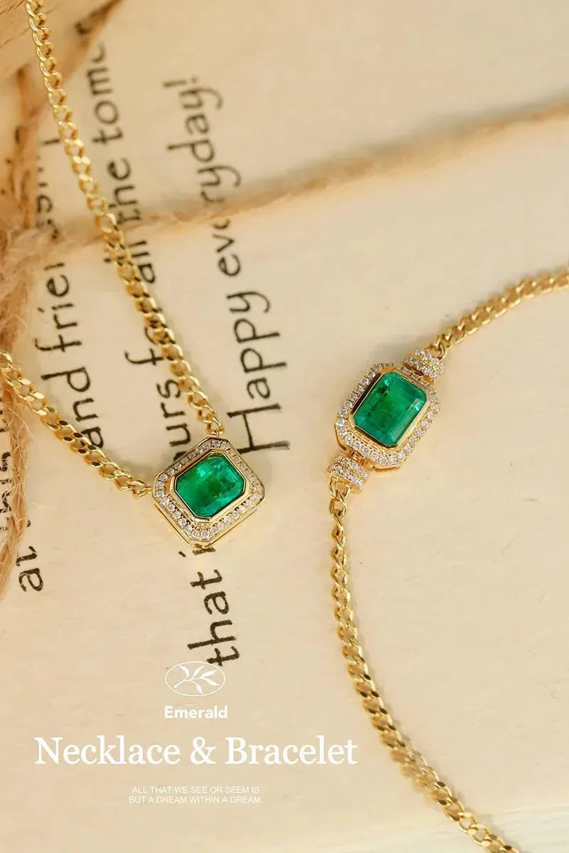 18K Yellow Gold Bracelet & Necklace Set with Real Diamonds and Natural Emerald - Classic Design for Women, Perfect for Engagement, Anniversary, and Special Occasions