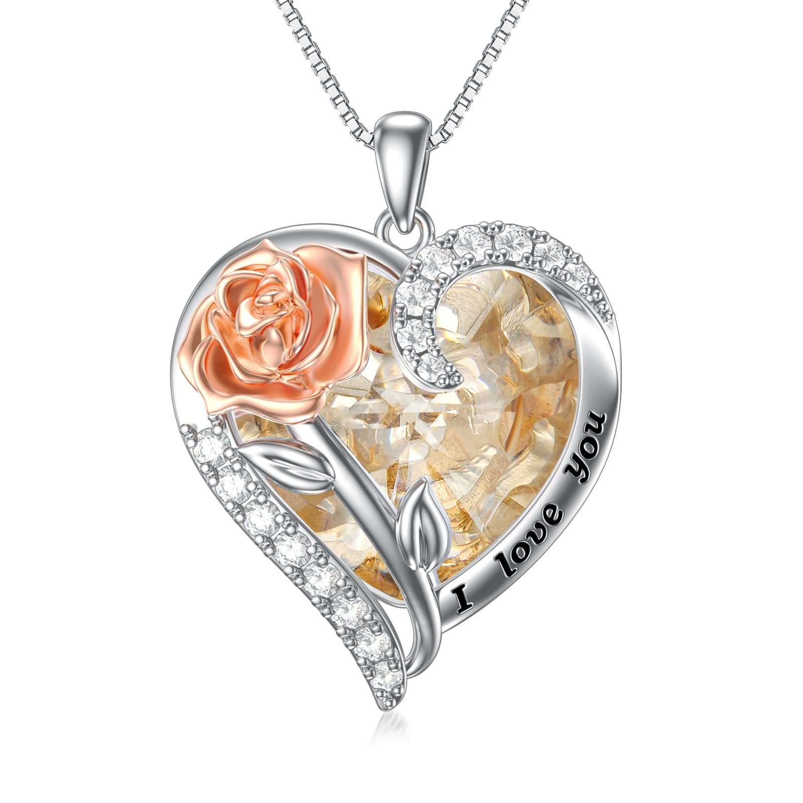 TOUPOP 925 Sterling Silver Rose Flower Necklace with Crystal Heart Pendant - Valentine's Day, Anniversary & Birthday Gift for Her, Wife, Girlfriend or Mom | Elegant Jewelry for Romantic Occasions & Special Moments