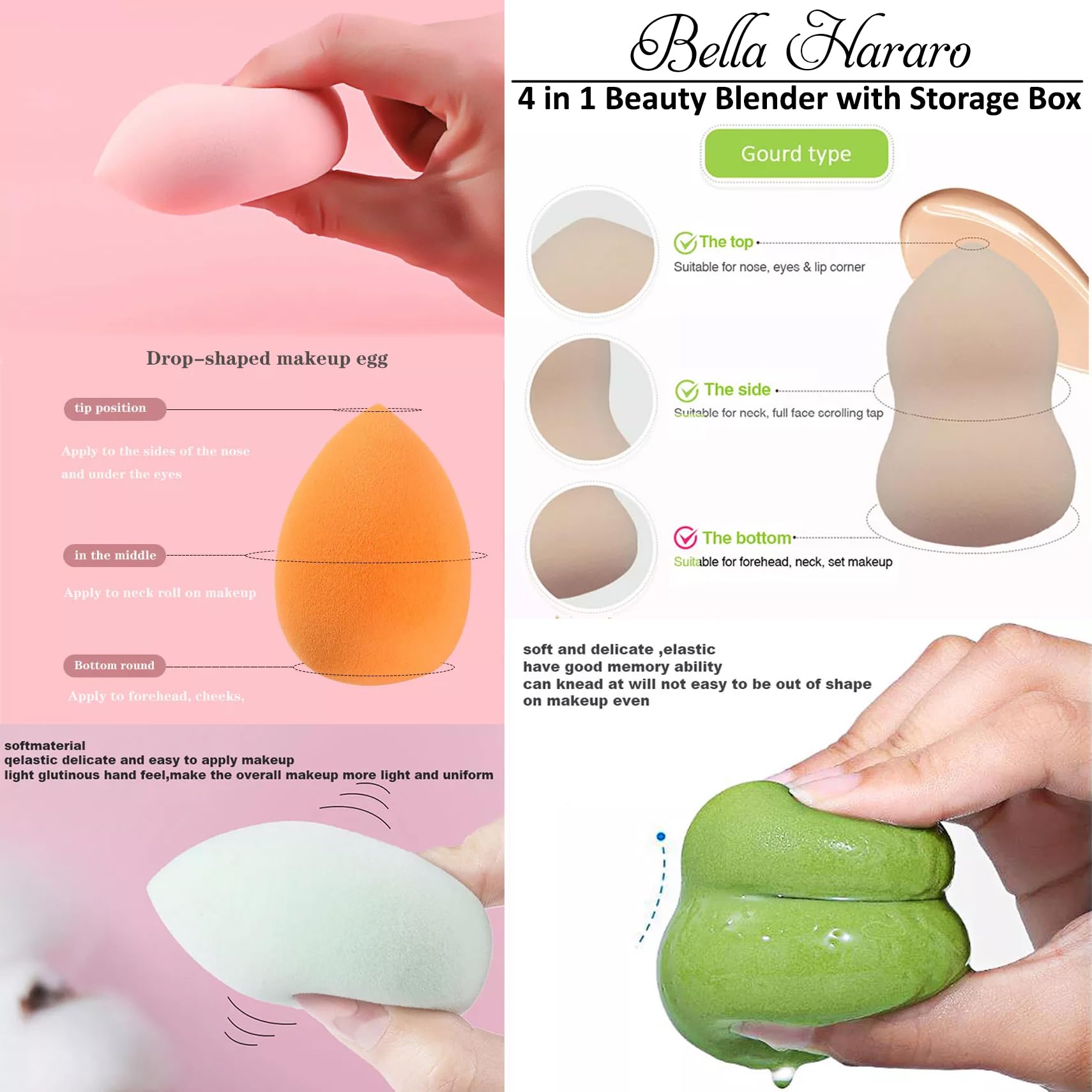 BELLA HARARO 4-in-1 Elastic Soft Makeup Sponge - Beauty Blender with Storage Box for Foundation, Concealer, Powder & Cream - Perfect for Daily Makeup & Professional Use