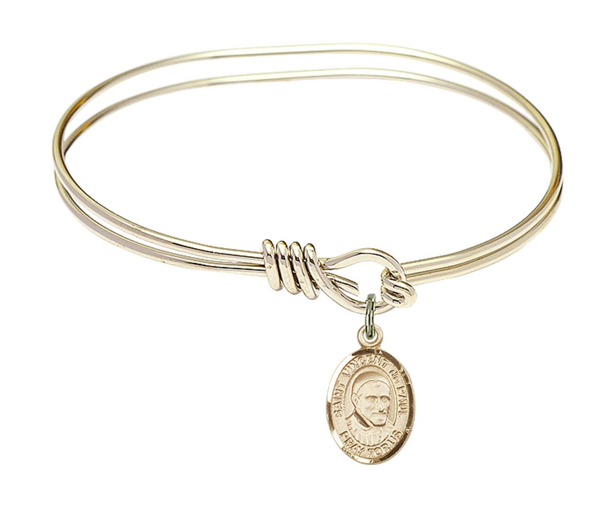 Gold-Filled Oval Eye Hook Bangle Bracelet with St. Vincent de Paul Charm - Elegant Religious Jewelry for Women, Perfect for Church, Daily Wear & Gift Giving