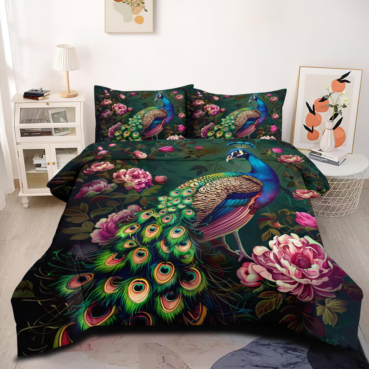 Teal Peacock Full Size Comforter Set - Floral & Bird Farmhouse Bedding for Women | Soft Down Alternative Microfiber | Botanical Leaf Design for Master Bedroom & Guest Room Decor
