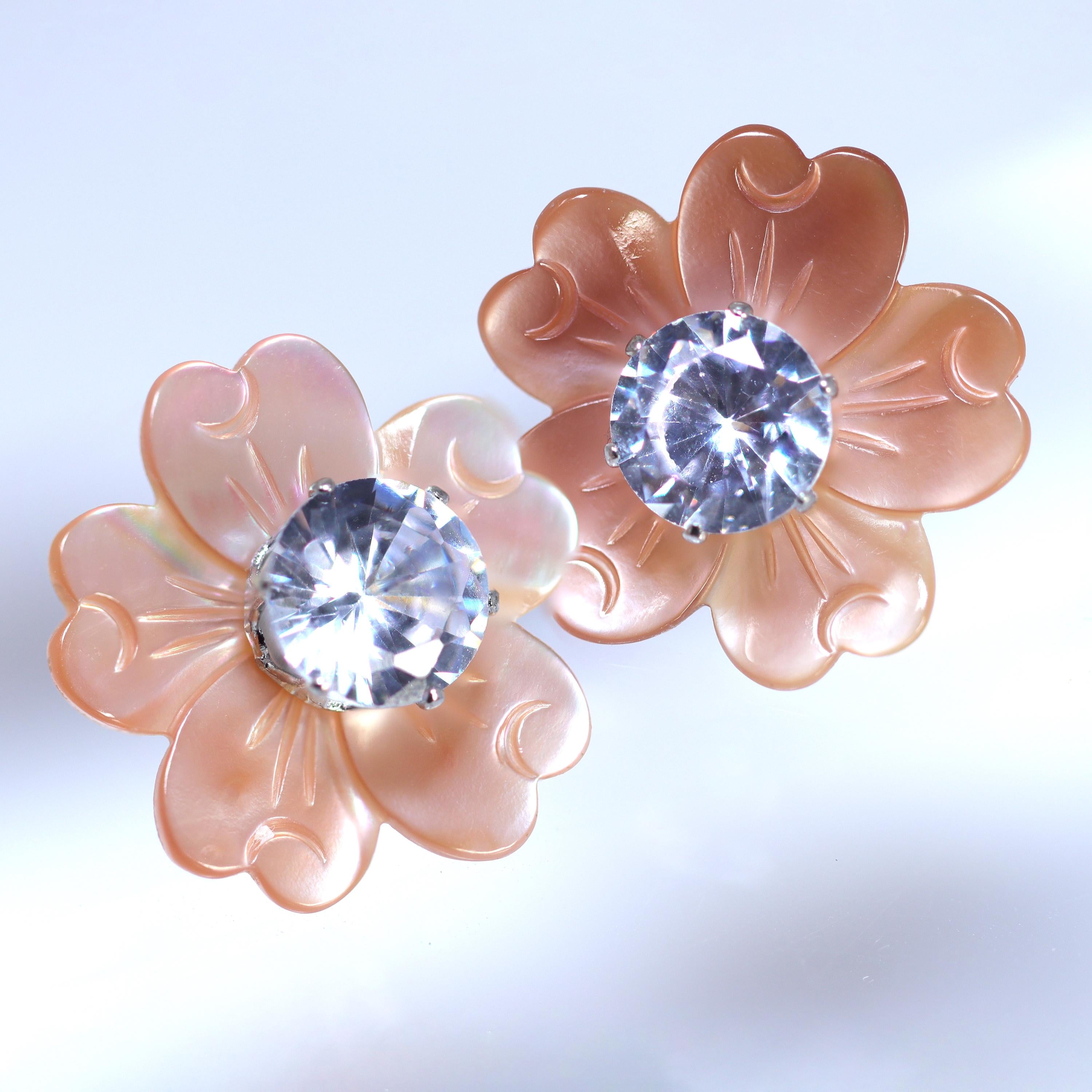 CZ Diamond & Mother of Pearl Carved White Flower Stud Earrings - Bridal Jewelry Set, Peach Blossom Pearl Statement Earrings for Wedding, Anniversary & Special Occasions